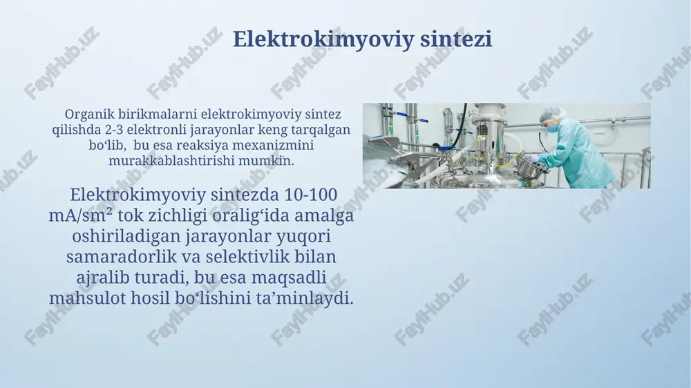 95% oralig'ida bo'ladi. elektroliz jarayonida faraday qonunlari muhim rol o'ynaydi, bunda 1 faraday (96485 kl) elektr zaryadi 1 mol elektronni o'tkazadi va shu bilan 1 mol moddaning elektrokimyoviy reaksiyasini ta'minlaydi. elektrodlarning tuzilishi va turlari ion-selektiv elektrodlar, masalan, ph-metrlar, ma'lum ionlarga (h + , na + va h.k.) sezuvchan bo'lib, ularning potentsiali nernst tenglamasi orqali 59 mv/n ga bog'liq. elektrodlarning tuzilishi kristall panjara tuzilishiga, donalarning o'lchamlariga va yuzaning holatiga bog'liq bo'lib, ularning elektrokimyoviy xususiyatlariga 2-3 tartibda ta'sir qiladi. e'tiboringiz uchun rahmat @taqdimot_robot image4.png image5.jpg image6.jpg image7.jpg image8.jpg image9.jpg image10.jpg image11.jpg image12.jpg image13.jpg image14.jpg image15.jpg image3.jpeg