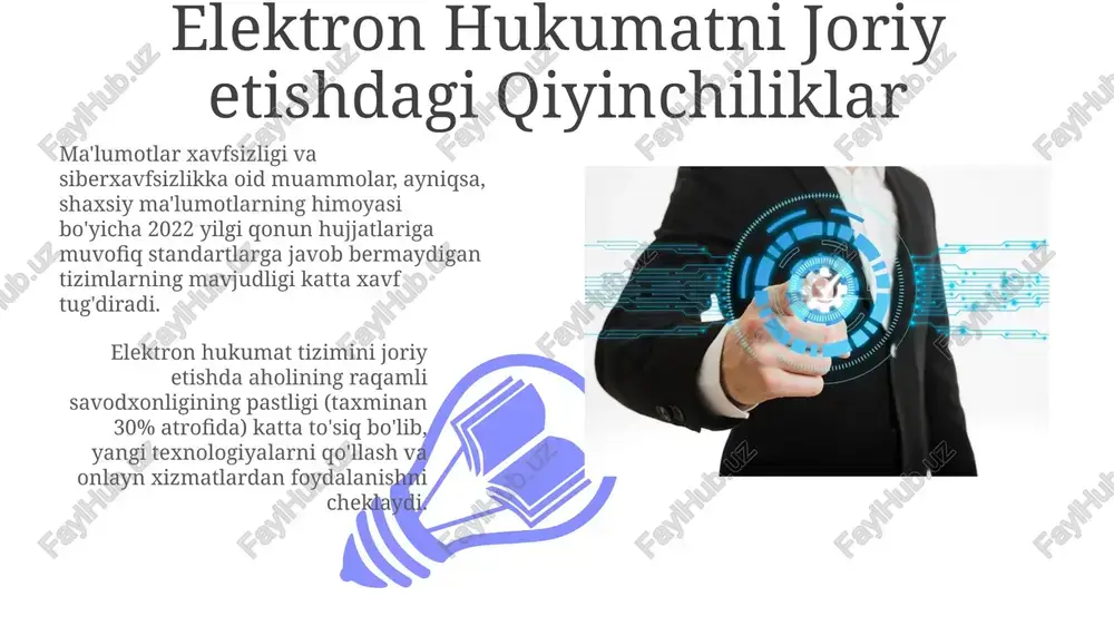 arning ishonchini mustahkamlaydi. elektron hukumatni rivojlantirish strategiyasi strategiya axborot tizimlari va infratuzilmasini modernizatsiya qilishni, shu jumladan, keng polosali internetning qamrovini kengaytirishni o'z ichiga oladi, bu esa 2030 yilgacha yuqori tezlikdagi internetga kirishni 95% ga yetkazishni ko'zda tutadi. “elektron hukumatni rivojlantirish strategiyasi” davlat xizmatlarining 90%ini onlayn tarzda taqdim etishni maqsad qilgan holda, fuqarolarga qulay va shaffof muhit yaratishga qaratilgan. fuqarolarga ko'rsatiladigan xizmatlar elektron ariza berish tizimi orqali fuqarolar davlat organlariga hujjatlarni elektron shaklda topshirishlari mumkin, bu esa hujjat aylanishini 30% ga tezlashtiradi. biometrik ma'lumotlarni ishlatish orqali shaxsni aniqlash tizimi xavfsizlikni oshiradi va firibgarlik holatlarini 90% ga kamaytiradi, shu bilan birga xizmat ko'rsatish jarayonini soddalashtiradi. xalqaro tajriba va eng yaxshi amalli misollar 01 02 janubiy koreyaning "smart city" loyihalari orqali aholi zichligi yuqori bo'lgan shaharlarda 50 dan ortiq turli xil elektron xizmatlarni samarali birlashtirishga erishilgan. sales 1st qtr 2nd qtr 100 0 sales 1st qtr 2nd qtr 100 0 e'tiboringiz uchun rahmat …