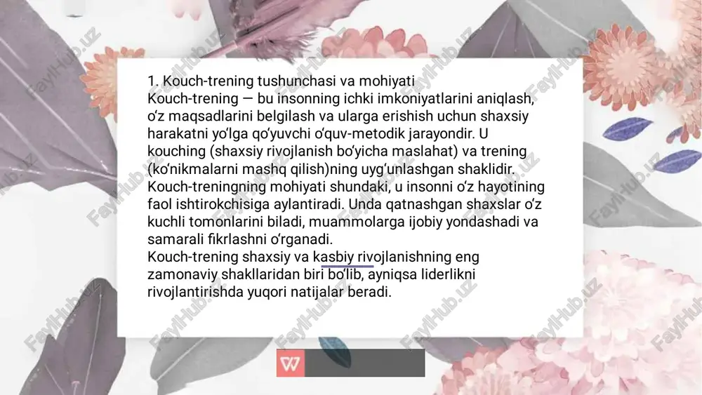 r real hayotiy vaziyatlarda o‘z yetakchilik ko‘nikmalarini sinab ko‘radilar. so‘nggi bosqichda refleksiya, ya’ni o‘zgarishlarni tahlil qilish, natijalarni baholash jarayoni amalga oshiriladi. 7. liderlik ko‘nikmalarini rivojlantirish usullari kouch-treningda liderlikni rivojlantirish uchun turli metodlar qo‘llaniladi. eng mashhurlaridan biri — grow modeli. bu model to‘rt bosqichdan iborat: maqsadni aniqlash, real holatni tahlil qilish, variantlarni o‘rganish va harakatni belgilash. bundan tashqari, hayotiy vaziyatlarni tahlil qilish (case study), rol o‘yinlari, guruhli loyihalar va fikr almashish mashg‘ulotlari ham qo‘llaniladi. bu metodlar ishtirokchilarda ijodiy fikrlash, muammolarni hal qilish, o‘zaro hamkorlik va tashabbuskorlikni rivojlantiradi kouch-treningning pedagogik ahamiyati pedagogik jarayonda kouch-trening o‘qituvchining shaxsiy va kasbiy rivojlanishini qo‘llab-quvvatlaydi. u o‘qituvchiga o‘z faoliyatini tahlil qilish, o‘z ustida ishlash, o‘quvchilar bilan samarali muloqot o‘rnatish imkonini beradi. bunday treninglarda ishtirok etgan o‘qituvchilar o‘zini lider sifatida his qiladi, o‘quvchilarda esa tashabbuskorlik va ijodkorlik rivojlanadi. liderlikni rivojlantirishning psixologik jihatlari kouch-trening shaxsning psixologik o‘sishini rag‘batlantiradi. u orqali ishtirokchilar o‘z emotsiyalarini boshqarish, stressga bardosh berish, ishonchli muloqot …