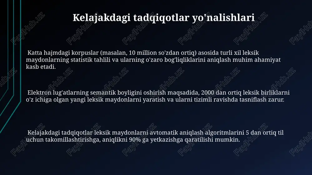 q maydonni qamrab olishi mumkin. sinonimiya munosabatlari leksik maydonlarni aniqlashda muhim ahamiyatga ega boʻlib, kamida 2-3 sinonimni oʻz ichiga olgan guruhlarni farqlash imkonini beradi. giperoniya va giponimiya munosabatlari esa ierarxik tuzilishga ega boʻlgan leksik maydonlarni, masalan, "hayvonlar" (giperonim) va "mushuk", "it" (giponimlar) kabi munosabatlarni tasvirlashda qoʻllaniladi. meronimiya va olnimiya meronimiya va olonimiya munosabatlarini ifodalovchi elektron lug'atlardagi ma'lumotlar hajmi va tuzilishi lug'atning turiga va maqsadli auditoriyasiga bog'liq bo'lib, o'rtacha 10-15 ta bog'liq so'zlarni o'z ichiga olishi mumkin. meronimiya va olonimiya elektron lug'atlarda leksik maydonlarni aniqlashda 2 dan ortiq so'zlar o'rtasidagi ierarxik munosabatlarni (masalan, "daraxt" - "shox" - "barg") ko'rsatishda muhim rol o'ynaydi. olonimiya munosabatlarini aniqlashda elektron lug'atlar sinonimlar va giperonimlar kabi 3-4 ta boshqa leksik birliklar bilan bog'liq ma'lumotlarni taqdim etadi. lug'atlarda leksik maydonlarni tasvirlash usullari leksik maydonlarni vizualizatsiya qilish uchun, masalan, graflardan foydalanib, so'zlar o'rtasidagi semantik aloqalarni 10-15 ta bog'lanish bilan ko'rsatish mumkin. ba'zi lug'atlar leksik maydonlarni ierarxik tuzilishda, ya'ni …