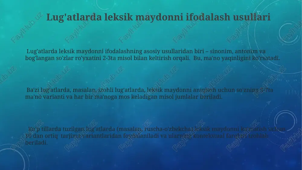 ik maydon tahlili sinonimlar, antonimlar va giperonimlarni aniqlashda, shuningdek, 5 ta asosiy leksik-semantik guruhlarning tuzilishini tushunishda yordam beradi. leksik maydon tahlili lug'at yaratishda 2000 dan ortiq so'zning semantik munosabatlarini aniqlash va ularni ma'lum bir kategoriyalar bo'yicha guruhlashda muhim rol o'ynaydi. leksik maydon tahlili natijalari, lug'atlarning tuzilishi va mazmunini boyitishda, jumladan, 10 ga yaqin turli ma'nolarni aks ettirgan murakkab leksik birliklarni tushuntirishda qo'llaniladi. e'tiboringiz uchun rahmat @taqdimot_robot image3.png