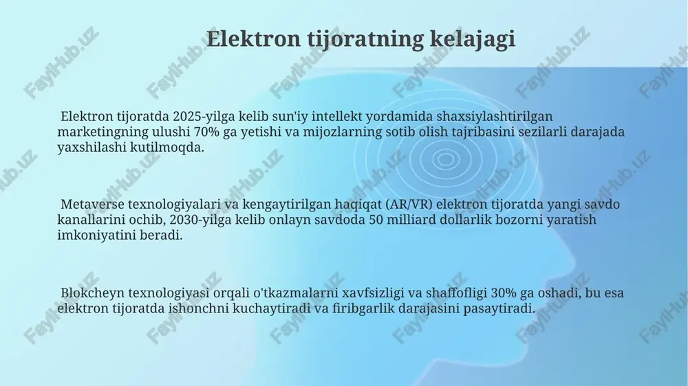 illion dollarlik bozor hajmini egalladi. elektron tijoratning afzalliklari elektron tijorat kompaniyalari marketing xarajatlarini kamaytiradi, chunki ularning fizik do'konlari yo'q va onlayn reklama kampaniyalari orqali 50% ga yaqin tejashga erisha oladilar. elektron tijorat mijozlarga 24/7 mahsulotlarni tanlash va sotib olish imkoniyatini taqdim etadi, bu esa an'anaviy do'konlarga nisbatan vaqtni sezilarli darajada tejashga olib keladi. o'rtacha elektron tijorat platformalari 100 000 dan ortiq turli xil mahsulotlarni taklif qiladi, bu esa mijozlar uchun kengroq tanlov imkoniyatini yaratadi va raqobatni oshiradi. to'lov tizimlari paypal, click va payme kabi xalqaro va mahalliy to'lov tizimlari o'rtasidagi raqobat, tranzaktsion to'lovlarning pasayishiga va xizmatlar sifatining yaxshilanishiga olib keladi. elektron to'lovlarning xavfsizligi uchun ikki bosqichli autentifikatsiya (2fa) kabi texnologiyalar qo'llanilmoqda, bu esa firibgarlik xavfini 50% ga kamaytiradi. to'lov tizimlarining 90% dan ortig'i elektron to'lovlarni qabul qiladi, bu esa onlayn savdoni rivojlanishiga sezilarli hissa qo'shadi va mijozlarga qulaylik yaratadi. xavfsizlik va himoya firibgarlik va kiberhujumlarning oldini olish uchun elektron tijorat …