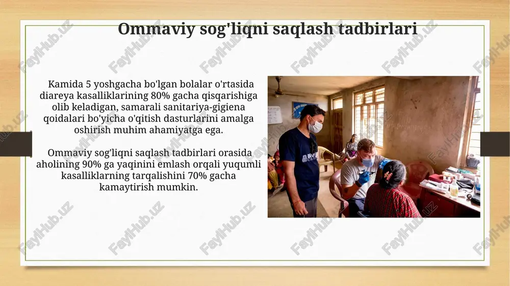 i. gigiena tamoyillari va ularning ahamiyati shaxsiy gigiena, qo'llarni muntazam yuvib turish kabi oddiy amallar, yuqumli kasalliklar tarqalishini 40-50% ga kamaytirib, jamoat salomatligini himoya qiladi. toza suvdan foydalanish, suv orqali yuqadigan kasalliklar, masalan, tif va xolera kabi kasalliklarning 70% gacha oldini oladi, bu esa umumiy sog'liqni saqlash holatini yaxshilaydi. sog'lom turmush tarzini targ'ib qilish sog'lom turmush tarzini targ'ib qilish, yurak-qon tomir kasalliklari xavfini 30% ga kamaytirishi va umr ko'rish davomiyligini 5-7 yilga uzaytirishi ilmiy jihatdan isbotlangan. sog'lom turmush tarzini targ'ib qilish kampaniyalari, 18-45 yoshdagi aholining 70% dan ortig'ini qamrab olgan holda, epidemiologik ko'rsatkichlarning yaxshilanishiga olib keladi. shaxsiy gigiena va uning ahamiyati shaxsiy gigiena, yuqumli kasalliklarning 80% gacha oldini olishda muhim rol o'ynaydi, chunki toza qo'llar va tanani saqlash bakteriyalar va viruslarning tarqalishini sezilarli darajada kamaytiradi. muntazam tirnoqlarni qirqish va og'iz bo'shlig'ini parvarishlash, og'iz bo'shlig'i kasalliklari, shu jumladan, kariyes va gingivit xavfini 60% ga kamaytiradi. e'tiboringiz uchun rahmat @taqdimot_robot image7.jpg image8.jpg …