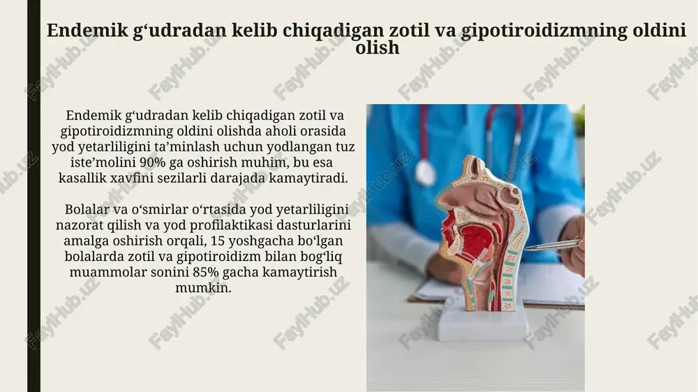 ab chiqarilishini boshqaruvchi asosiy gormon boʻlib, uning yuqori darajasi gipotiroidizmda, past darajasi esa gipertiroidizmda kuzatiladi. qonda tsh darajasi 0,4 dan 4,0 miu/l gacha bo'lishi normal hisoblanadi. tsh va ft4 o'rtasidagi munosabatlar murakkab bo'lib, manfiy teskari aloqa mexanizmi orqali tartibga solinadi. ya'ni, ft4 ning yuqori darajasi tsh ning kamayishiga, ft4 ning past darajasi esa tsh ning ortishiga olib keladi. davolashning asosiy tamoyillari gipotiroidizmni davolashda t4 gormonini almashtirish terapiyasi asosiy rol o'ynaydi, bu bemorning yoshi va holatiga qarab dozasi 100-200 mkg dan boshlanadi. davolashning asosiy tamoyili yod yetishmovchiligiga qarshi kurashishdan iborat bo'lib, bu kunlik 150-200 mkg yodni o'z ichiga olgan yod preparatlarini qabul qilish orqali amalga oshiriladi. jarrohlik davolash usullari jarrohlik yo'li bilan qalqonsimon bezning 50% dan ortig'ini olib tashlash, gipertrofiyani kamaytirish va tireotoksozni oldini olishda qo'llaniladi, ammo gipotiroidizm xavfini oshiradi. nodullarni yoki o'smalarning 2 sm dan katta bo'lgan holatlarida jarrohlik amaliyoti (tireoidektomiya yoki lobektomiya) tavsiya etiladi, bu esa patologik o'zgarishlarni bartaraf …