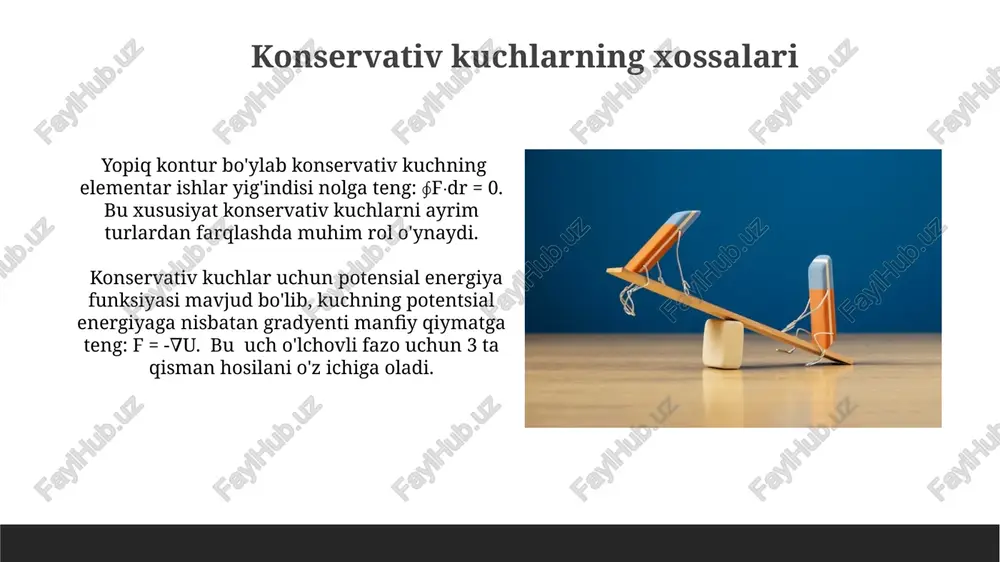 m/s tezlik bilan 5 kg massali avtomobilga urilsa, to'qnashuvdan keyin ikkalasining ham umumiy kinetik energiyasi va impulsi saqlanib qoladi (ideal sharoitda). 1 kg massali ikkita shar 5 m/s tezlik bilan to'qnashganda, to'qnashuvdan keyin ularning umumiy impulsi to'qnashuv oldidagiga teng bo'ladi, bu impulsning saqlanish qonunini tasdiqlaydi. yopiq tizimlar yopiq tizimlarda energiya va impulsning umumiy qiymati, tashqi ta'sirlar bo'lmagan taqdirda, 100% saqlanadi va bu 0 ga teng bo'lgan tashqi kuchlar bilan bog'liq. yopiq tizimlar ichidagi zarralar orasidagi o'zaro ta'sir potentsial energiya o'zgarishiga, kinetik energiya o'zgarishiga va umumiy impulsga ta'sir qiladi, bu jarayonlarni 3 ta asosiy qonunlar bilan tavsiflash mumkin. konservativ kuchlarning amaliy qo'llanilishi seriyali bog'langan 3 ta ideal bahorning potentsial energiyasi ularning qattiqlik koeffitsiyentlari (k1, k2, k3) va siqilish/cho'zilish darajalariga (x1, x2, x3) bog'liq bo'lib, bu energiya saqlanish qonunini o'rganishda amaliy misol bo'la oladi. konservativ kuchlar, masalan, tortishish kuchi, 9.8 m/s² tezlanish bilan erkin tushayotgan jismning potensial energiyasini kinetik energiyaga aylantirishda qo'llaniladi, …