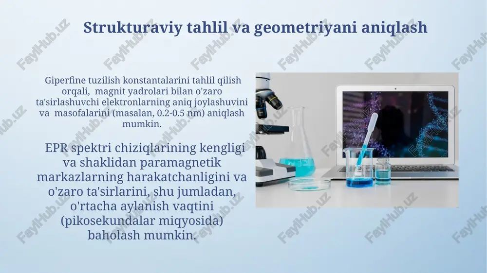 sh va ularning g konsanttratsiyasini 10⁻⁶ m gacha bo'lgan darajada aniq o'lchash mumkin, bu esa kimyoviy reaksiyalarni chuqur o'rganish imkonini beradi. yarim o'tkazgichlardagi nuqsonlarni aniqlash epr spektroskopiyasi yordamida yarim o'tkazgichlardagi nuqsonlarning konsentratsiyasi va termik davolanishdan keyingi o'zgarishlarini aniq o'lchash va kvant hosilalari bilan bog'liq xulosalar chiqarish mumkin. yarim o'tkazgichlarning sirt qatlamlaridagi nuqsonlarni o'rganishda epr signallarining g-faktor va giperfine tuzilishining o'zgarishi muhim rol o'ynaydi, bu nuqsonlarning lokal muhitini tavsiflaydi. materiallar fanidagi qo'llanilishi epr spektroskopiyasi yordamida yarimo'tkazgichlardagi nuqsonlarni aniqlash va miqdorini 10 15 sm -3 gacha aniqlikda o'lchash mumkin. polimer materiallarida erkin radikallar konsentratsiyasini aniqlash orqali ularning degradatsiya jarayonlarini va termik barqarorligini epr yordamida o'rganish mumkin. paramagnit moddalarni aniqlash paramagnit moddalarni aniqlashda eprning sezuvchanligi 10 10 –10 12 spins/ gramm miqdoridagi paramagnit markazlarni aniqlash imkonini beradi. bu usul yordamida juda kam miqdordagi paramagnit moddalar ham aniqlanishi mumkin. epr spektri paramagnit markazlarning g-faktor, giperfine tuzilishi va superfine tuzilishi kabi parametrlarni aniqlashga imkon beradi, …