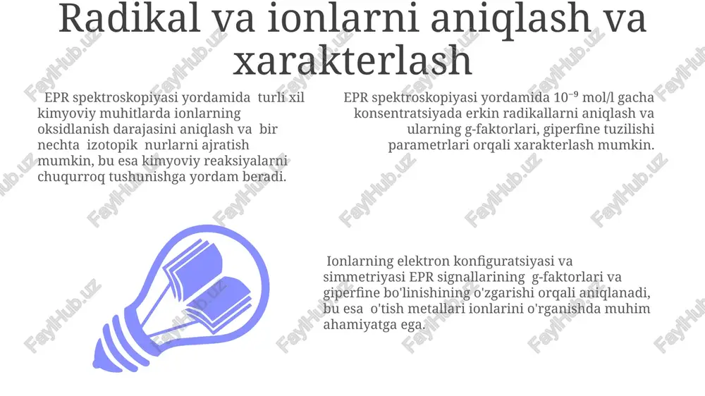 da muhim ma'lumotlar olinadi, masalan, bog'lanish uzunliklari yoki burchaklari haqida. atrof-muhitni monitoring qilish atrof-muhitdagi og'ir metallarning 5 dan ortiq konsentrasiyasi epr spektroskopiyasi yordamida aniqlanadi va bu metallarning toksik ta'sirini tekshirish uchun ishlatiladi. spindan bog'liq relaksatsiya vaqtlarini o'lchash orqali amalga oshiriladi. epr spektroskopiyasi yordamida atrof-muhit namunasidagi erkin radikallar miqdorini aniqlash, masalan, 10 -6 m dan 10 -9 m gacha bo'lgan konsentrasiyalarda ifodalanadi va ifloslanish darajasini baholashga imkon beradi. epr spektroskopiyasi, 200-500 nm to'lqin uzunligidagi nurlanish ta'sirida hosil bo'lgan foto-induksiyalangan radikallarni aniqlash va atrof-muhitning fotokimyoviy jarayonlarini o'rganish imkonini beradi. paramagnetik turlarni aniqlash paramagnetik turlarni epr orqali aniqlashda giperfine tuzilishining mavjudligi va uning parametrlari (a-qiymatlari) yadro spinlari soni va turini aniqlashga yordam beradi, bu esa tuzilishni aniqlashga imkon beradi. epr signallarining intensivligi paramagnetik turlar konsentrasiyasi bilan to'g'ridan-to'g'ri proportsional bo'lib, bu miqdoriy tahlil qilish imkonini beradi, masalan, 10 -6 m gacha konsentrasiyalarni aniqlash mumkin. epr spektroskopiyasi paramagnetik markazlarning g'ayritabiiy g-faktorlari (g≠2.0023) orqali aniqlanishini ta'minlaydi, …