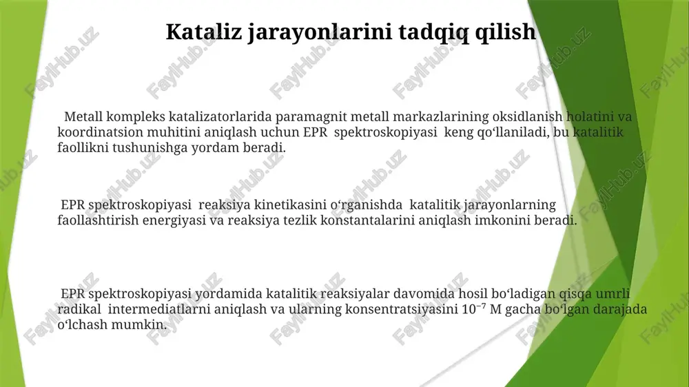 opiyasi yordamida oqsillar va nuklein kislotalarning konformatsion o'zgarishlarini, 1-100 ns oralig'idagi vaqt oralig'ida kuzatish mumkin, bu esa ularning dinamik xususiyatlarini o'rganishga imkon beradi. biomolekulalarning faol markazlaridagi radikallarni (paramagnetik turlar) aniqlash va ularning miqdorini o'lchash orqali fermentlarning katalitik mexanizmlarini o'rganish mumkin. masalan, g-faktorlari va giperfine tuzilmalarini tahlil qilish orqali. epr spektroskopiyasi yordamida biomolekulalardagi metall ionlari (masalan, temir, mis) ning oksidlanish holatini va koordinatsion muhitini aniqlash mumkin, bu ularning funksiyasi uchun muhimdir. e'tiboringiz uchun rahmat @taqdimot_robot