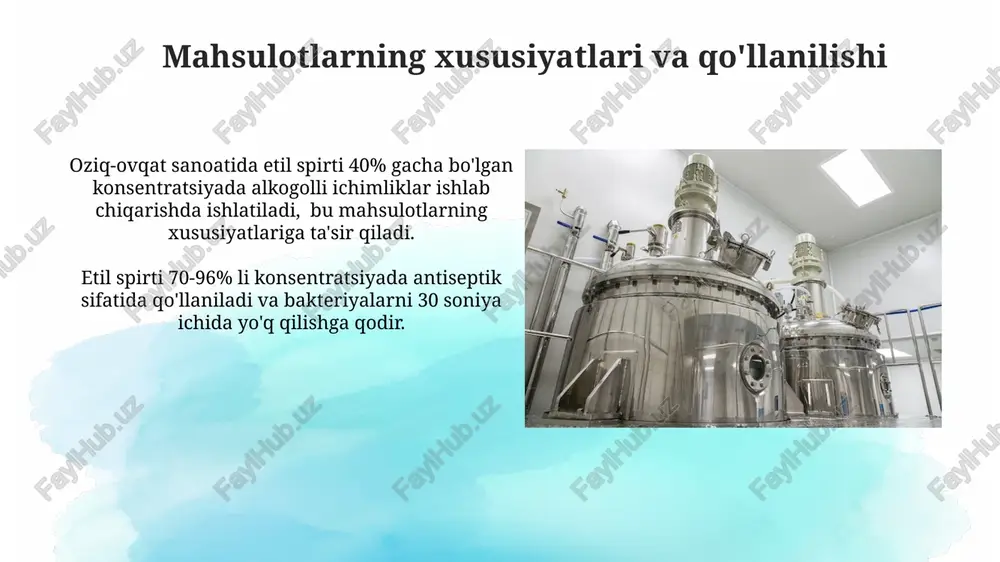 -25% ga pasaytirib, rentabellikni oshiradi. etil spirti ishlab chiqarishda xomashyo narxining o'zgarishi rentabellikka sezilarli ta'sir ko'rsatadi, masalan, 10% qimmatlashish sof foydani 5-7% ga kamaytirishi mumkin. etil spirti saqlash va tashish saqlash jarayonida etil spirti namlik va yorug'likdan himoyalangan, 15-25°s haroratli, yaxshi shamollatiladigan omborlarda saqlanishi kerak. transportlash vaqtida yo'l harakati xavfsizligi qoidalariga rioya qilish shart, ayniqsa, 2000 litrdan ortiq miqdorda tashishda maxsus avtotransport vositalaridan foydalanish majburiydir. jahon bozoridagi etil spirti jahon bozoridagi etil spirtining 2022 yildagi umumiy hajmi 100 milliard aqsh dollaridan oshgan, bu esa yillik o'sish sur'ati 5% dan yuqori ekanini ko'rsatadi. jahon bozoridagi etil spirti narxlari neft narxlariga bog'liq bo'lib, oxirgi yillarda taqchillik va logistika muammolari narxlarning keskin o'sishiga olib keldi. xom ashyo tanlash va tayyorlash fermentatsiya jarayoni uchun optimal ph 4,5-5,0 oralig'ida saqlanishi lozim bo'lib, buning uchun mineral kislotalardan foydalanilishi mumkin. bunda, fermentlarning faolligi ta'minlanadi. xo'llangan xom ashyo fermentatsiya jarayoni samaradorligini oshirish uchun 60-65°s haroratda 2-3 soat davomida …
