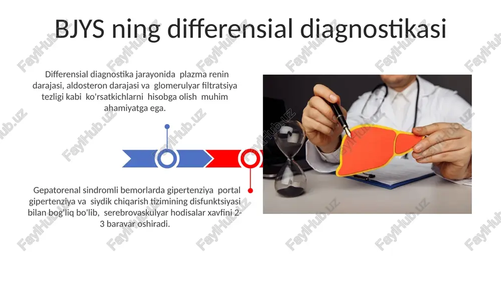 a o'lim xavfi sezilarli darajada yuqori bo'ladi va prognoz og'irlashadi. oldini olish va prognoz muhim gipertenziyaning zamonaviy patogenez jihatlari muhim gipertenziyaning patogenezi genetik omillar bilan bog'liq bo'lib, taxminan 30-40% hollarda oilaviy tarix kuzatiladi va renin-angiotenzin-aldosteron tizimining faollashuvi muhim rol o'ynaydi. simpatatik asab tizimining ortiqcha faoliyati yurak urish tezligini va periferik qarshilikni oshirib, qon bosimining ko'tarilishiga 20% gacha hissa qo'shishi mumkin. zamonaviy davolash strategiyalari va istiqbollari gipertenziyani davolashda arb va sartan kabi 2 ta yangi dori guruhlari qon tomirlarining torayishini kamaytiradi va buyrak funksiyasini yaxshilaydi, bu esa kasallikning rivojlanishini sekinlashtiradi. buyrak funksiyasini yaxshilash uchun 30% dan ortiq bemorlarda diuretiklar bilan birgalikda ace inhibitörlari yoki angiotensin retseptor blokerlari qo'llaniladi, bu esa yurak-qon tomir xavfini pasaytiradi. bjys diagnostikasi bjys diagnostikasida jigar funksiyasi testlari (alt, ast, bilirubin), shuningdek, portallar bosimi va asitlarning darajasini o'rganish kabi qo'shimcha tekshiruvlar jigar shikastlanishining darajasini va bjys rivojlanishidagi rolini aniqlash uchun zarur. bjys diagnostikasi buyrak funksiyasining pasayishini aniqlash uchun …