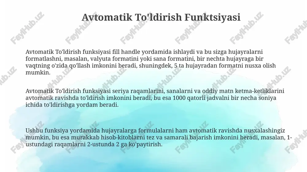lar yuborish yoki 100 dan ortiq qo'ng'iroq qilish orqali xabar berishning turli xil usullari mavjud. matnni hisoblash va tenglashtirish raqamli ma'lumotlarni matn ko'rinishida saqlashda, `value` funksiyasi yordamida ularni raqamli qiymatlarga o'tkazish va arifmetik amallarni bajarish, masalan, 5 ta katakdagi sonlarning yig'indisiga tenglashtirish mumkin. agar kataklarda turli uzunlikdagi matnlar bo'lsa, `len` funksiyasi ularning uzunligini aniqlashga yordam beradi va bu uzunliklarni solishtirish orqali, masalan, eng uzun matnni topish va uning uzunligini 20 ga tenglashtirish mumkin. "matnni hisoblash va tenglashtirish"da, `left`, `mid`, `right` funksiyalari yordamida matnning bir qismini ajratib olish va 10 belgidan iborat matnni qisqartirish mumkin, natijani boshqa kataklarda ko'rsatish imkoniyati mavjud. e'tiboringiz uchun rahmat @taqdimot_robot image1.png