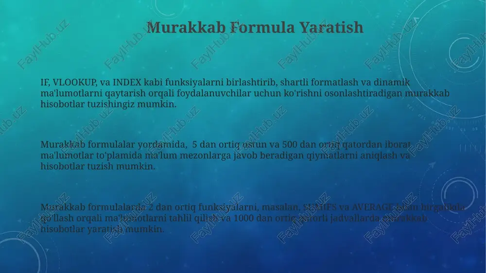 filtrlash va saralash orqali 1000 dan ortiq qatorli ma’lumotlarni tahlil qilishda pivot jadvallar samaradorligini 3 barobar oshirish mumkin. "sumifs", "averageifs" kabi funksiyalar bilan birgalikda ishlatilganda, pivot jadvallar ma’lumotlarni segmentlash va chuqurroq tahlil qilish imkoniyatini taqdim etadi. pivot jadvallar yordamida 5 ta turli o‘zgaruvchini bir vaqtning o‘zida tahlil qilib, murakkab grafiklar va diagrammalar yaratish imkoniyati mavjud. e'tiboringiz uchun rahmat @taqdimot_robot image3.png