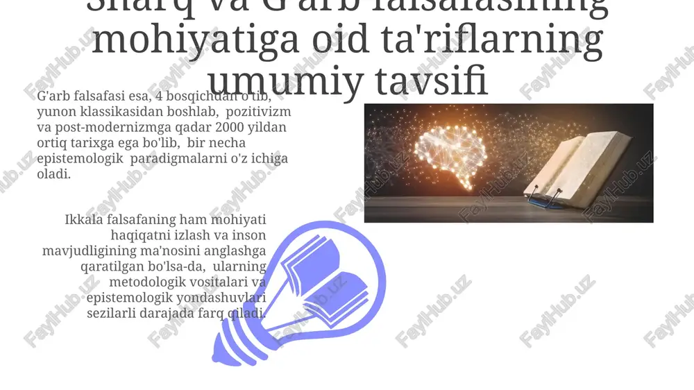 a ratsionalizm, 17-18-asrlarda keng tarqalgan boʻlib, aql va mantiqni bilimgizning asosiy manbai deb hisoblagan va metafizikaga nisbatan shubha bilan qaragan. sharq va g'arb falsafasidagi logika tushunchalari sharq va g'arb mantig'i o'rtasidagi muhim farqlardan biri – sharq falsafasida ko'pincha analogiya va metafora kabi notiq usullar ko'proq qo'llaniladi, g'arbda esa aniq va rasmiy ta'riflar ustunlik qiladi. sharq falsafasida, ayniqsa, mantiqning 3 ta asosiy qonuni (ziddlarning inkor qilinmasligi, o'rta yo'lning yo'qligi va yetarli asos) g'arb mantig'iga nisbatan ko'proq intuitiv va metafizik asosga ega. g'arb falsafasida ontologiyaning o'rni ontologiyaning o'rni, g'arb falsafasida mavjudotning tabiati, xususiyatlari va mavjud bo'lish usullari haqidagi 3 ta asosiy nazariya - idealizm, realizm va pragmatizm orqali tahlil qilingan. g'arb falsafasida ontologiyaning ahamiyati, 20-asrda paydo bo'lgan ekzistensializm va fenomenologiya kabi 4 ta yangi falsafiy yo'nalishlarning paydo bo'lishi bilan yana bir bor qayta ko'rib chiqildi. g'arb falsafasida ijtimoiy-siyosiy fikrlar 01 02 ijtimoiy shartnoma nazariyasi, 2 asrdan ortiq davom etgan munozaralar natijasida, individual …