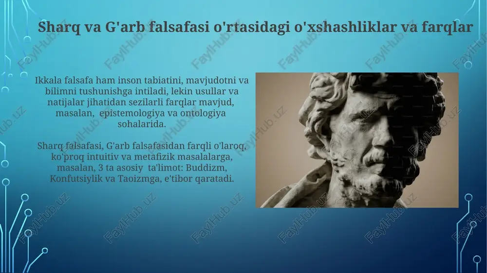 eologiya muammolari sharq va g'arb falsafasida bilish nazariyalarining 2 ta asosiy yo'nalishi – ratsionalizm va empirizmning o'ziga xos xususiyatlari va ularning epistemologik muammolarga yondashuvlari taqqoslanadi. g'arb falsafasidagi 3 ta asosiy gnoseologik maktab – ratsionalizm, empirizm va idealizmning sharq falsafasidagi bilish nazariyalari bilan o'zaro bog'liqligi va farqlari tahlil qilinadi. xx asr g'arb falsafasining mohiyati tarixiy rivojlanish davomida g'arb va sharq falsafasining mohiyatiga oid 7 dan ortiq yangi talqinlar paydo bo'lib, ular 12-asrdan boshlab o'rganilib kelinmoqda. g'arb falsafasidagi 3 ta klassik yo'nalish (ratsionalizm, empirizm, idealizm) sharq falsafasining intuitsiya va tajribaga asoslangan 4 ta asosiy maktabi bilan farqlanadi. o'rta asrlar evropa falsafasining mohiyati oʻrta asr evropa falsafasining muhim vakillari orasida avgustin, anxelm, tomas akvinalik va vilyam okkam kabi 10 dan ortiq yirik mutafakkirlarni sanash mumkin. bu davrda, taxminan 12-13 asrlarda, universitetlarning paydo boʻlishi bilan falsafada rasmiylashgan, mantiqiy va sistematik yondashuv kuchaygan. o'rta osiyo falsafasining mohiyati oʻrta osiyo falsafasi, qadimgi yunon falsafasidan farqli oʻlaroq, …