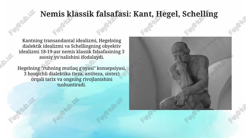 yatlarga ega edi. zamonaviy dunyoda sharq va g'arb falsafasining ahamiyati zamonaviy dunyoda 21-asrning murakkab muammolarini, masalan, globallashuv, iqlim o'zgarishi va texnologiyalarni rivojlanishini hal qilishda sharq va g'arb falsafalarining integratsiyalashgan yondashuvi muhim ahamiyat kasb etadi. g'arb falsafasining ratsionalizm va empirizm kabi tamoyillari, sharq falsafasining intuitiv va holistik yondashuvlari bilan birgalikda, insoniyatning intellektual va ma'naviy rivojlanishiga 3 ta asosiy hissa qo'shadi. falsafa mohiyatiga oid sharq va g'arb qarashlarining farqlari sharq falsafasida intuitiv va tajribaga asoslangan yondashuv ustun boʻlsa, gʻarb falsafasi mantiq, dalil va empirik tadqiqotlarga koʻproq tayanadi. gʻarb falsafasi esa, qadimgi yunonlarning mantiqiy va ratsional uslubidan kelib chiqib, 2000 yildan ortiq davom etgan ontologiya, epistemologiya va axloq falsafasi kabi sohalarga boʻlingan. g'arb falsafasining yevropa markazlashuvi davri yevropa markazlashuvining falsafiy taʼsiri jahonning boshqa qismlariga, jumladan, sharq mamlakatlariga ham 17-18-asrlarda sezilarli darajada taʼsir koʻrsatgan. ushbu davrda 3 ta asosiy falsafiy masalalar – ontologiya, epistemologiya va aksiologiya – yevropa olimlari tomonidan qayta koʻrib chiqilib, yangicha …