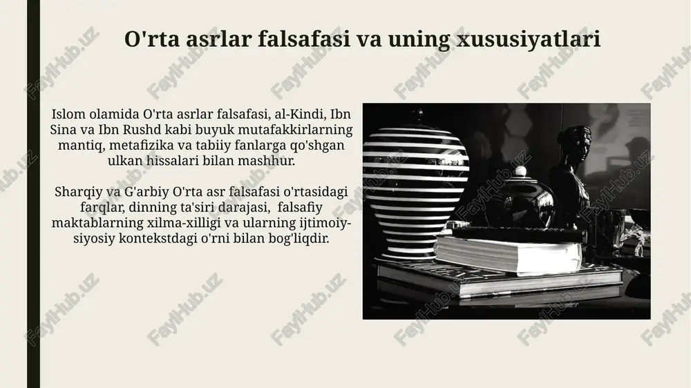 os xususiyatlarga ega edi. ma'rifat davri falsafasi ijtimoiy-siyosiy islohotlarga 2 yo'nalishda yondashdi: an'anaviy tizimni modernizatsiya qilish yoki radikal o'zgarishlar. islom falsafasi va uning asosiy yo'nalishlari islom falsafasining asosiy mavzulardan biri xudo, inson va olamning o'zaro munosabatlarini tushunish bo'lib, bu masalalar turli falsafiy maktablarda turlicha talqin qilingan. islom falsafasi, taxminan 7-13-asrlar oralig'ida keng rivojlangan bo'lib, kalam, falsafa va tasavvuf kabi asosiy yo'nalishlarni o'z ichiga olgan. xix asr falsafasi va uning yo'nalishlari xix asr oxirida paydo bo'lgan neokantiyonalizm 2 ta asosiy oqim – marburg va baden maktablari – ni o'z ichiga olib, kant falsafasini qayta talqin qilishga harakat qildi. xix asr falsafasida 5-6 ta yirik shaxslarning ta'siri sezilarli bo'lib, ularning g'oyalari keyingi falsafaga kuchli ta'sir ko'rsatdi. sharq falsafasida falsafa mohiyatining diniy-mistik tushunchalari sharq falsafasining ba'zi taʼriflari, masalan, ibn sinoning nazariyalari, 5 ta asosiy ontologik kategoriyaga asoslanib, falsafani borliq haqidagi chuqur bilim sifatida izohlaydi. islom falsafasida, 12 ta asosiy maktab ichida, falsafa mohiyatining …