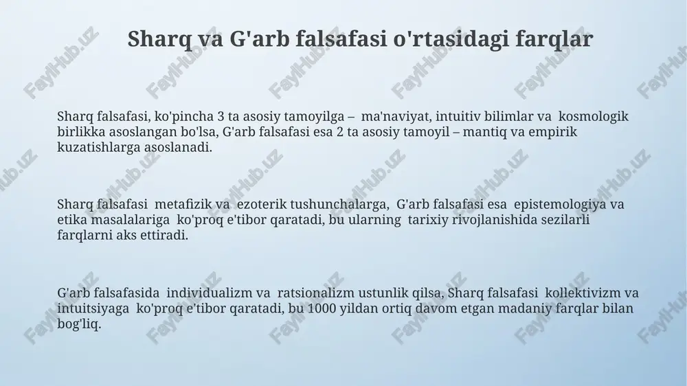 'lib, mantiq, ontologiya va epistemologiya kabi sohalarga urg'u beradi, abstrakt tushunchalarga chuqur sho'ng'iydi. sharq mutafakkirlarining falsafa ta'riflari, g'arbga nisbatan, ko'proq amaliy hayotga, axloq va ma'naviyatga bog'liq bo'lib, 3 ta asosiy yo'nalish – tafakkur, tafakkur usullari va hayot falsafasi atrofida shakllangan. sharq va g'arb mutafakkirlarining falsafa mohiyatiga oid ta'riflari orasidagi farqlar, ularning madaniy-tarixiy konteksti, din va siyosatning ta'siri bilan 5ta asosiy omilga bog'liq. e'tiboringiz uchun rahmat @taqdimot_robot image4.png image3.jpeg