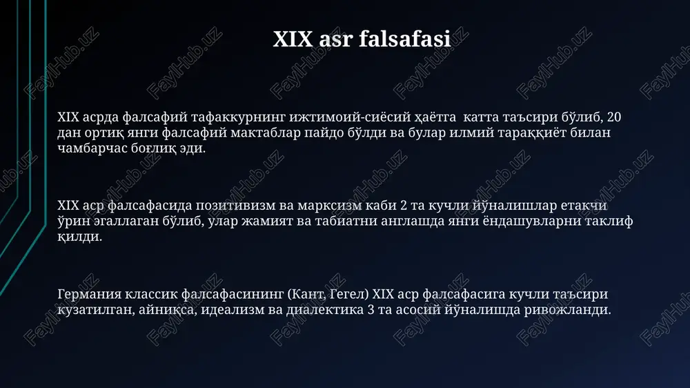 mmentariylari va asarlari orqali aristotel falsafasini sharhlash va rivojlantirishda muhim rol oʻynadilar. oʻrta asr falsafasi islom olamida 8-13-asrlarda katta rivojlanishni boshdan kechirdi, bu davrda yunon falsafasining merosini qayta tiklash va islomiy tafakkur bilan uygʻunlashtirish kuzatildi. falasafaning asosiy yoʻnalishlari orasida ilohiyot, mantiq (mantiq ilmiga oid 20 dan ortiq asarlar yozilgan), metafizika va tabiiy fanlarning falsafiy asoslari mavjud edi. e'tiboringiz uchun rahmat @taqdimot_robot