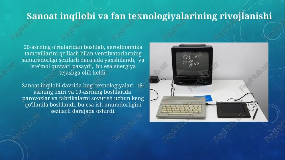a, issiq iqlimli hududlarda, binolarni salqinlashtirish uchun 2-3 metr balandlikdagi devor teshiklari va shamollatish minoralari keng qoʻllanilgan, bu tabiiy havo aylanishini taʼminlagan. qadimgi misr va shamollatgich tizimlari qadimgi misrda, taxminan 2500 yil avval, ulkan saroylar va maqbaralarni shamollatish uchun murakkab shamollatish tizimlari, shamol yo'nalishini hisobga olgan holda, 10 dan ortiq kanallarni o'z ichiga olgan. qadimgi misr me'morlari, "badgir" deb nomlangan shamol minoralarini qo'llab, tabiiy shamol energiyasidan foydalanib, 15-20% ga yaqin energiya tejashga erishgan. renaissance davri va shamollatgich texnologiyalaridagi yutuqlar renessans davrida, taxminan 15-16-asrlarda, metallurgiya sohasidagi taraqqiyot tufayli, mustahkamroq va samaraliroq shamollatgichlarni yaratish mumkin bo'ldi, bu esa ularning umrini uzaytirdi. suv g'ildiraklari energiyasidan foydalanuvchi katta miqyosli shamollatgich tizimlari ba'zi yirik binolar va konlarda, masalan, 1000 kub metrdan ortiq havo aylanishini ta'minlab, qo'llanila boshlandi. 20-asrning o'rtalaridagi fan texnologiyalari 20-asrning o'rtalarida, 1950-yillarda, aksiyal ventilyatorlarning keng tarqalishi kuzatildi, bu esa samaradorlikni oshirish va shovqin darajasini pasaytirishga olib keldi. tranzistor texnologiyalari rivojlanishi tufayli, 1960-yillarda kichikroq …