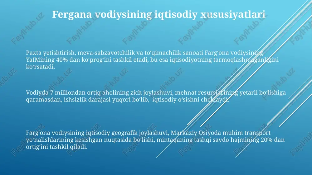 anadi, yillik hosil 1 million tonnadan oshadi va bu mamlakatning eksport salohiyatiga sezilarli hissa qo'shadi. fergana agro-sanoat majmuasida 200 mingdan ortiq kishi band bo'lib, bu mintaqa iqtisodiyotining muhim qismidir va yalpi ichki mahsulotning katta qismini tashkil etadi. aholisi va mehnat resurslari mintaqada aholining 60% dan ortigʻi qishloq xoʻjaligida band boʻlib, bu sohada ishsizlik darajasi oʻrtacha respublika koʻrsatkichidan yuqori. yoshlar sonining koʻpligi (aholi tarkibining 35% dan ortigʻi 30 yoshgacha) fargʻona iqtisodiy mintaqasining kelajakdagi iqtisodiy oʻsishini taʼminlashda muhim omil hisoblanadi. fargʻona vodiysining aholisi 7 milliondan ortiq boʻlib, bu mintaqaning mehnat resurslari salohiyatini yuqori darajada aks ettiradi. investitsiya siyosati va xorijiy sarmoyalar investitsiyalarni jalb etish bo'yicha amalga oshirilayotgan davlat dasturlari natijasida, ferg'ona viloyatidagi ish o'rinlari soni so'nggi 3 yilda 15% ga oshgan. ferg'ona vodiysidagi investitsiya loyihalarining 70% dan ortig'i kichik va o'rta biznesga to'g'ri keladi, bu esa mamlakat iqtisodiyotining tarmoqlanishini ko'rsatadi. 2023 yil yakuniga ko'ra, ferg'ona vodiysiga jalb qilingan xorijiy investitsiyalar hajmi 1 …