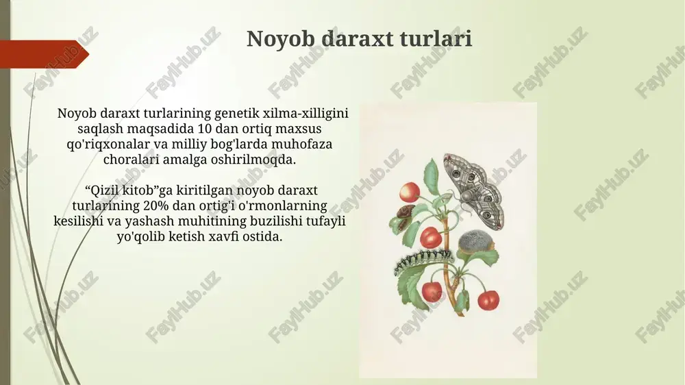hisoblanadi. yo'qolib borayotgan turlarning muhofazasi yo'qolib borayotgan 500 dan ortiq o'simlik va hayvon turlarining muhofazasi uchun qizil kitobga kiritilgan maxsus dasturlar mavjud bo'lib, ularning samaradorligi monitoring va baholovchi tizimlar yordamida kuzatiladi. tabiatni muhofaza qilish sohasidagi xalqaro hamkorliklar, 20 dan ortiq davlat bilan tuzilgan shartnomalar orqali, yo'qolib borayotgan turlarni saqlab qolishga qaratilgan qo'shma loyihalarni amalga oshirishga yordam beradi. noyob gulli o'simliklar "qizil kitob"ga kiritilgan noyob gulli o'simliklarning 100 dan ortiq turi o'zbekistonning turli ekologik hududlarida, jumladan, tog'li va cho'l mintaqalarida tarqalgan. noyob gulli o'simliklarning 25% dan ortig'i chegaralangan areal yoki tarqalish maydoniga ega bo'lib, ularning populyatsiyasi o'ta kam sonli. yo'qolib ketish xavfi ostida turgan baliqlar orol dengizining qurib qolishi tufayli 20 dan ortiq baliq turlari, jumladan, endémik va noyob turlar, yo'qolib ketish arafasida turibdi, ularning reproduktiv sikllari buzilgan. qizil kitobga kiritilgan ba'zi baliq turlarining, masalan, som baliqlarining (acipenseriformes) brakonyerlik tufayli soni keskin kamayib ketgan, ularning tijoriy ahamiyati esa o'sishda davom etmoqda. …