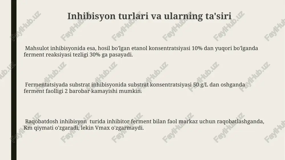 oshirish maqsadida yangi fermentlar va immobilizatsiya texnologiyalarini o'rganish va qo'llash bo'yicha tadqiqotlarni kengaytirish zarur. bioreaktorlarning ishlashini optimallashtirish va mahsulot hosildorligini 1,5-2 baravar oshirish uchun matematik modellashtirish va sun'iy intellekt usullaridan foydalanish istiqbollarini o'rganish muhimdir. fermentatsiya jarayonlarida hosil bo'ladigan yon mahsulotlar miqdorini kamaytirish va ularni qayta ishlashning yangi usullarini, masalan, 5-10% gacha chiqindilarni qisqartirish bo'yicha texnologiyalarni ishlab chiqish kerak. fermentatsiya mahsulotlarini aniqlash usullari fermentatsiya suyuqligidagi organik kislotalar miqdorini aniqlashda titrlash usuli, masalan, 0.1 n naoh eritmasi bilan titrlash orqali kislotalarning konsentratsiyasi aniqlanadi. fermentatsiya mahsulotlarining miqdorini aniqlashda gaz xromatografiyasi (gc) usuli qo‘llaniladi, bu usul aralashmalardagi 1 ppm dan yuqori konsentratsiyali komponentlarni aniqlash imkonini beradi. spektrofotometriya yordamida fermentatsiya mahsulotlarining 260 nm va 280 nm to‘lqin uzunliklaridagi yutilishini o‘lchash orqali, dnk va oqsil miqdorini aniqlash mumkin. reaksiya tezligini ta'sir qiluvchi omillar substrat konsentratsiyasi ham muhim omil bo'lib, konsentratsiya 0,1 m dan 1 m gacha oshganda reaksiya tezligi taxminan 2-3 baravar o'sishi mumkin. temperatura reaksiya …