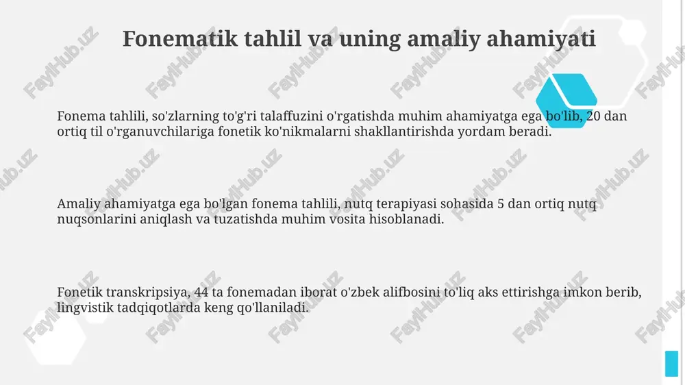 hqasini qo'yish orqali ma'no o'zgaradi, bu 2 dan ortiq fonema o'zgarishi bilan kuzatilmaydi. minimal juftliklarni tahlil qilish orqali tilning fonema tizimini, ya'ni taxminan 30-40 ta fonema mavjudligini aniqlash mumkin. e'tiboringiz uchun rahmat @taqdimot_robot