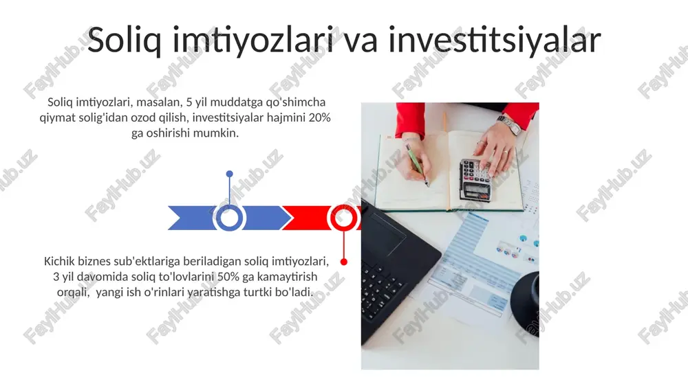 lda, 2024 yildan boshlab yangi, innovatsion sohalar uchun maxsus soliq imtiyozlari va elektron hisobotlar tizimining takomillashuvi kutilmoqda. korporativ soliq stavkalarining 2025 yilga kelib 15% gacha pasayishi va investitsiyalarni rag'batlantirish uchun soliq imtiyozlarining kengayishi kutilmoqda, bu esa iqtisodiy o'sishga 2-3% qo'shishi mumkin. soliq imtiyozlari bo'yicha hujjatlarni rasmiylashtirish soliq imtiyozlaridan foydalanish huquqini tasdiqlovchi hujjatlar (masalan, litsenziyalar, sertifikatlar) nusxalari va ularning davlat ro'yxatidan o'tganligi to'g'risidagi ma'lumotlar taqdim etilishi kerak. soliq imtiyozi miqdorini aniqlash uchun, tegishli soliq kodeksi moddasi va qo'llaniladigan stavkalar (masalan, 10%, 20%) hisobga olinishi lozim. soliq imtiyozlari hisobot berish soliq imtiyozlaridan foydalanuvchi korxonalar yillik soliq deklaratsiyasida 1-ilova orqali 101-formasi bo‘yicha imtiyoz summalarini batafsil ko‘rsatishlari shart. ayrim soliq imtiyozlari, masalan, kichik biznes sub’ektlariga beriladigan imtiyozlar, soliq bazasini to‘g‘ridan-to‘g‘ri kamaytirish orqali 50% gacha hisoblanadi. soliq imtiyozlari bilan bog'liq muammolar va ularning yechimlari ba'zi imtiyozlarni qo'llash uchun maxsus hujjatlar va litsenziyalar talab etiladi, ularning yo'qligi 500.000 so'mgacha jarima solinishiga sabab bo'lishi mumkin. soliq imtiyozlaridan …