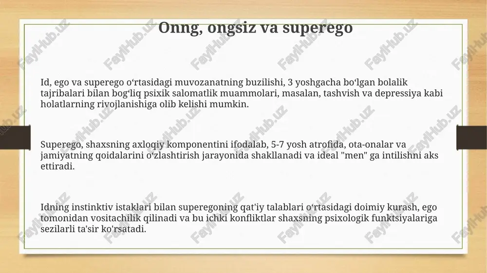 i 5 ta bosqichdan iborat bo'lsa, neofreydchilik shaxsiyat rivojlanishining yanada murakkab va uzluksiz jarayon ekanligini ta'kidlab, qat'iy bosqichlarga bo'linishini rad etadi. freyd va neofreydchilikning ikkalasi ham ong osti jarayonlarining ahamiyatini ta'kidlashadi, ammo neofreydchilik shaxsiyat rivojlanishida ijtimoiy omillarga 3 barobar ko'proq e'tibor qaratadi. freyd asosan libidoni, neofreydchilik esa, adler va horney kabi nazariyotchilarning ta'kidlashicha, shaxsiyatni shakllantirishda boshqa psixologik kuchlar, masalan, xavfsizlikka intilish kabi omillarni ham o'rganadi. karl yung va analitik psixologiya yung psixodiagnostika usullarini, jumladan, assotsiativ testlarni, 500 dan ortiq bemorlar ustida qo'llab, ongsiz jarayonlarni aniqlash va shaxsning butunligini tushunishga harakat qilgan. uning "kollektiv ongsiz" tushunchasi, insoniyat tarixining umumiy tajribalarini aks ettiruvchi, universal ramzlar va mitlarning mavjudligini ta'kidlaydi, bu esa individual psixologiyaga ham ta'sir qiladi. yung analitik psixologiyaning asosiy tamoyillaridan biri bo'lgan arxetiplarni 12 ta asosiy shaklga ajratgan va ularning ongsiz ongimizdagi ta'sirini o'rgangan. freyd nazariyasining zamonaviy psixologiyadagi ahamiyati freydning ong osti va himoya mexanizmlari haqidagi g'oyalari, 70 yildan ortiq vaqt …