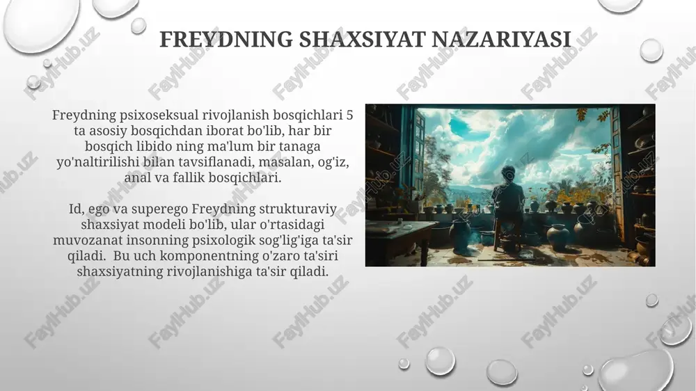 tushunish uchun yangi yondashuvni taqdim etadi. psixoseksual rivojlanish bosqichlari og'iz fazasida (0-18 oy) chaqaloq asosan og'iz orqali hissiy qoniqishni oladi, emizish orqali libidoning birlamchi manbai og'iz bo'ladi va bu bosqichda fiksatsiya og'izga bog'liq xatti-harakatlarni keltirib chiqarishi mumkin. anal fazasida (18-36 oy) bola najasni nazorat qilishni o'rganadi, bu jarayonda ego rivojlanadi va anal retentsiya yoki anal ekspulsiv xarakterlar shakllanishi mumkin. karen xorney va psixoanalitik ijtimoiy nazariya uning ijtimoiy psixologiyaga qoʻshgan hissasi, 3 ta turdagi shaxs tuzilmalari - qo'shilib yuruvchi, qarshi turuvchi va voz kechuvchi – ijtimoiy muhitning ta'sirini ta'kidlaydi. xorneyning nazariyasi, freydning fallik bosqichiga qarama-qarshi ravishda, jinsiylikni emas, balki ijtimoiy va madaniy omillarni shaxsning shakllanishida hal qiluvchi deb biladi. freyd va neo-freydchilikning taqqoslashi freydning "o'ziga nisbatan nafrat" tushunchasidan farqli ravishda, neo-freydchilar, masalan, karen xorney, ijtimoiy munosabatlar va qo'rquvlarning rolini ko'proq ta'kidlaydilar. freydning psixoseksual rivojlanish bosqichlari 5 ta, neo-freydchilikda esa bu raqam individual farqlarni hisobga olgan holda ko'proq moslashuvchan. e'tiboringiz uchun rahmat …