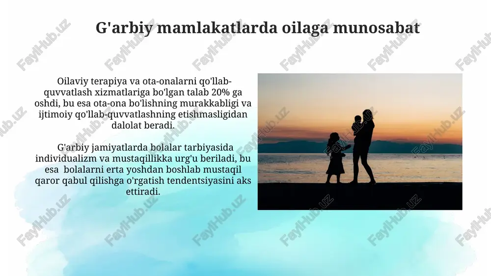 tish darajasi 70% ga yetgan, bu esa bolalar tarbiyasi mas'uliyatini taqsimlashda yangi muvozanatni talab qiladi. kelajakdagi oilaviy tendentsiyalar ikki karera egalari bo'lgan oilalarning soni ortayotganligi sababli, bolalarni tarbiyalashda professional yordam xizmatlariga talab 40% ga oshishi kutilmoqda. biologik bo'lmagan oilalar sonining o'sishi kuzatiladi, shu jumladan, bir jinsli oilalar va adoptiv oilalar soni 2050 yilga kelib 15% ga yetishi mumkin. ota-onalar roli va mas'uliyati bolalarni tarbiyalashda qo'llaniladigan usullar, masalan, ijtimoiy-emotsional rivojlanishga ta'sir ko'rsatadigan musbat mustahkamlash usuli 80% dan ko'proq oilalarda qo'llaniladi. g'arbiy mamlakatlarda ota-onalar o'rtasidagi rol taqsimoti an'anaviy modeldan sezilarli darajada farq qiladi, 50% dan ortiq oilalarda teng huquqli sheriklik kuzatiladi. zamonaviy oila modellari oilaviy tuzilmalar xilma-xilligi kuchayib bormoqda: turli millat vakillarining nikoh birlashmalari, lgbtq+ oilalarning soni ortib bormoqda va bu ijtimoiy normalarni qayta ko'rib chiqishni talab qilmoqda. zamonaviy oilalarning 30% dan ortig'i bitta farzandli oilalar bo'lib, bu demografik o'zgarishlar va hayot tarzining o'zgarishi bilan bog'liq. e'tiboringiz uchun rahmat @taqdimot_robot image2.jpg image3.jpg …