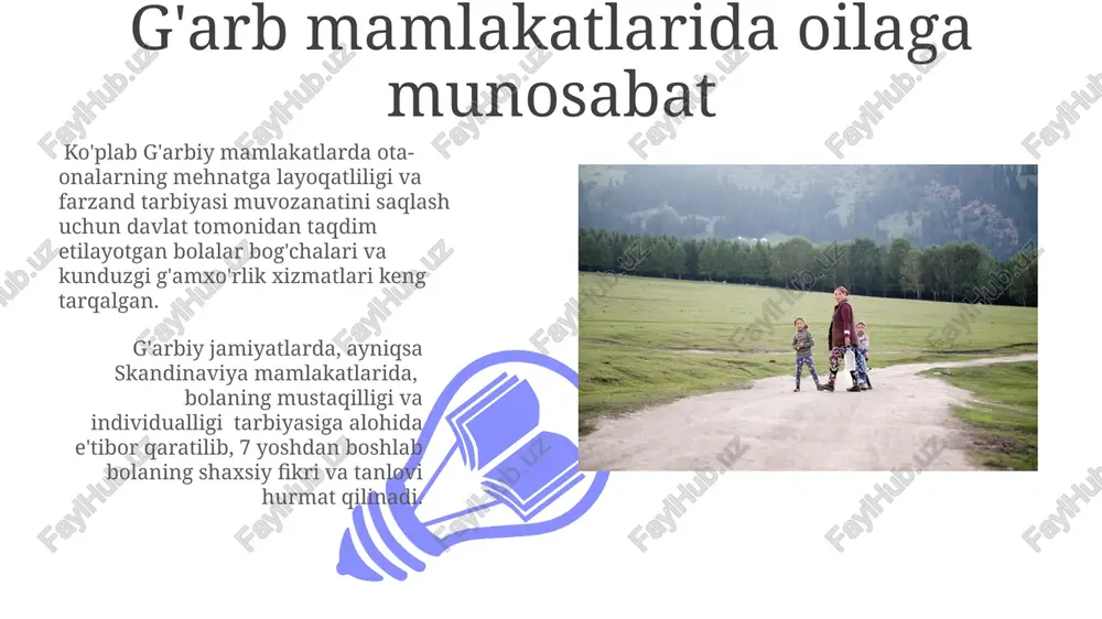i tashkil etadi, bu farovonlik darajasi va siyosatga bog'liq. davlat tomonidan taqdim etilayotgan tug'ruq ta'tillari va ota-onalar ta'tillari muddati, shuningdek, to'lanadigan nafaqalar miqdori mamlakatlar bo'yicha farq qiladi, lekin o'rtacha 6 oy – 1 yil oralig'ida o'zgarib turadi. ota-ona rollarining o'zgarishi ota-onalar orasida bolalarni tarbiyalashga bag'ishlangan vaqt miqdori, tadqiqotlarga ko'ra, 1970 yildagi 15 soatdan hozirgi kunda 25 soatgacha o'sgan bo'lib, bu ota-onalarning farzandlariga ko'proq e'tibor qaratishayotganini ko'rsatadi. bolalarni tarbiyalash bo'yicha an'anaviy qarashlar, masalan, faqat ona yoki ota tomonidan tarbiyalashga oid qarashlar, zamonaviy g'arb mamlakatlarida 70% ga kamaygan va qo'shma tarbiyalash modeliga o'tish kuzatilmoqda. farzand tarbiyasi tushunchalari g'arbiy mamlakatlarda 2-3 farzandli oilalar sonining kamayishi va bitta farzandli oilalar sonining ko'payishi kuzatilmoqda, bu esa farzand tarbiyasiga bo'lgan yondashuvlarning o'zgarishiga olib kelmoqda. farzand tarbiyasida individual yondashuvga urg'u berilib, bolaning shaxsiy qobiliyatlari va qiziqishlarini rivojlantirishga alohida e'tibor qaratiladi, ya'ni taxminan 70% ota-onalar bolani tengdoshlari bilan taqqoslamaslikka harakat qiladi. bolalar tarbiyasi uslublari 01 02 bolalarni mustaqil …