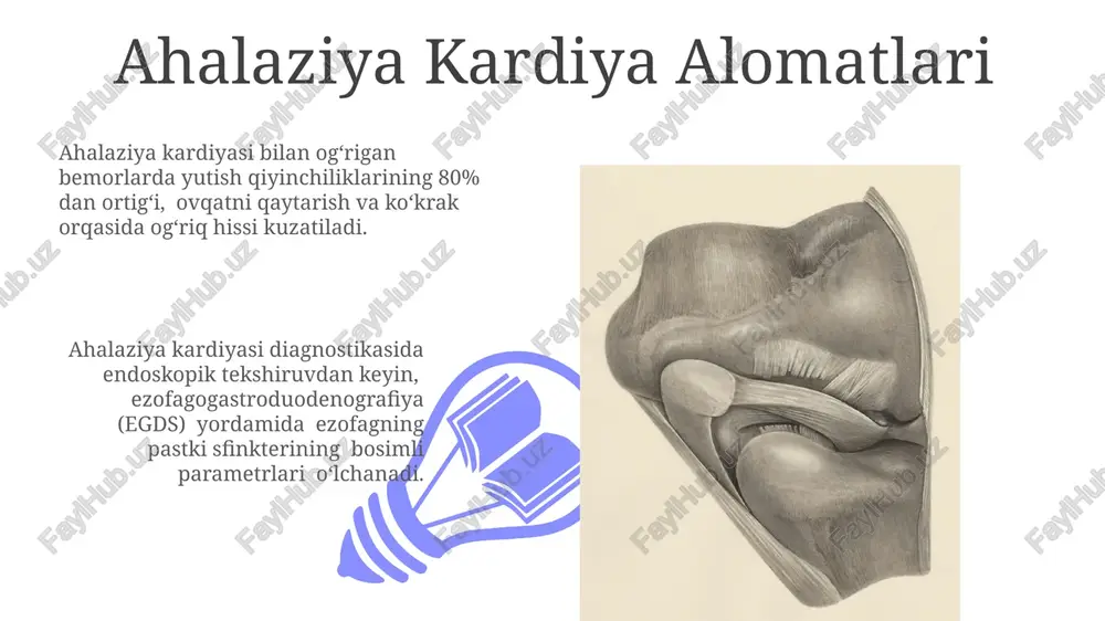 ik tekshiruv natijalarida, oshqozon epiteliysi (intestinal metaplaziya) ning mavjudligi, uning uzunligi 1 sm dan ortiq bo'lishi muhim ahamiyatga ega. magnit-rezonans tomografiya (mrt) va yuqori aniqlikdagi endoskopik tekshiruvlar barret ezofagini tashxislashda qo'shimcha ma'lumotlarni taqdim etishi mumkin, lekin asosiy diagnostika usuli biopsiya hisoblanadi. gerx, barret ezofag va ahalaziya kardiya o'rtasidagi aloqalar ahalaziya kardiya gerxga o'xshash alomatlarni keltirib chiqaradi, ammo uning mexanizmi boshqacha: pastki ezofag sfinkterining disfunktsiyasi. gerxning uzoq muddatli davom etishi barrett ezofagining rivojlanish xavfini 10 barobarga oshiradi, bu esa keyinchalik adenokarsinoma rivojlanishiga olib kelishi mumkin. barret ezofagining mohiyati 01 02 barrett ezofagining rivojlanishida 10 yildan ortiq davom etgan reflyuks-ezofagit ahamiyatli rol o'ynaydi, bu esa gistologik tekshiruvlar orqali tasdiqlanadi. sales 1st qtr 2nd qtr 100 0 sales 1st qtr 2nd qtr 100 0 gerxni davolash usullari gerxning og'ir holatlarida, masalan, barret ezofagida, endoskopik muolajalar, masalan, radiochastota ablasyon (rfa) yoki muolajani o'tkazish ko'rsatilishi mumkin. achalaziya kardiya uchun myotomiya kabi jarrohlik amaliyotlari yoki botox …