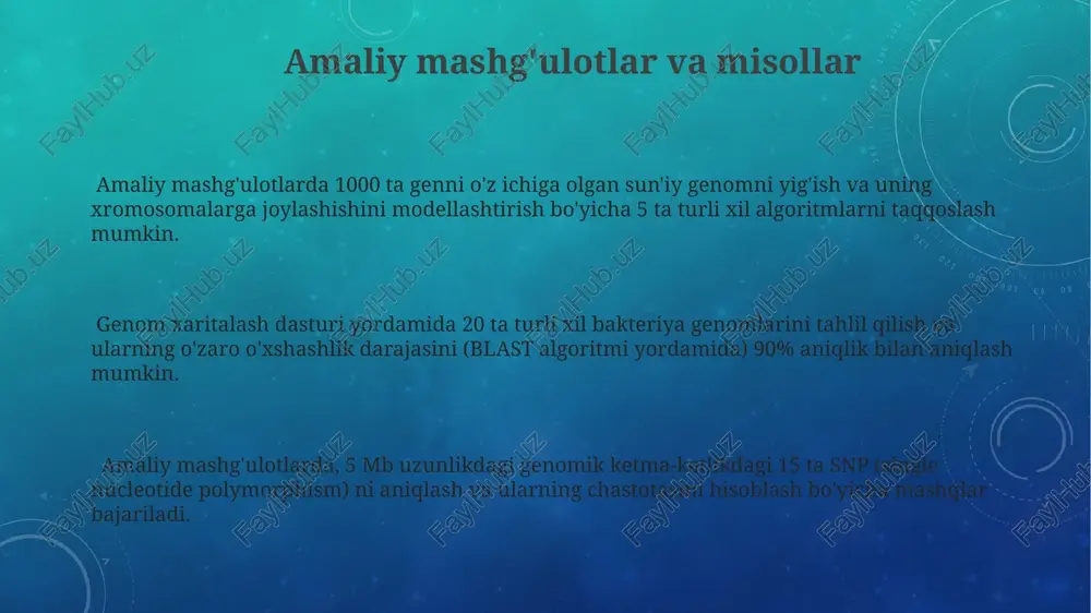 urli xil algoritmlarni, shu jumladan blast va bowtie2 kabi 20 dan ortiq ketma-ketlikni taqqoslash vositalarini oladi. ba'zi dasturlar genomik ma'lumotlarni qayta ishlash uchun 32 bitli va 64 bitli operatsion tizimlar bilan mos keladi, samaradorlikni oshirish uchun parallel hisoblashni qo'llab-quvvatlaydi. dasturlarni tanlash mezonlari ishonchliligi yuqori bo'lgan ma'lumotlar bazalari bilan integratsiyalanish imkoniyati va 5 dan ortiq turli formatdagi fayl bilan ishlash qobiliyatiga e'tibor berish kerak. litsenziyalash shartlari, texnik qo'llab-quvvatlash darajasi va dasturning interfeys foydalanuvchiga qulayligini hisobga olish lozim. dasturning funktsional imkoniyatlarini, masalan, 1000 tadan ortiq genni bir vaqtda tahlil qilish qobiliyatini va 99% dan ortiq aniqlikni baholash muhim. kelajakdagi istiqbollar kelajakdagi genom xaritalash dasturlari 3d vizualizatsiya va sun'iy intellekt texnologiyalaridan keng foydalanishni, tahlil tezligini 10 barobar oshirishni va'da qilmoqda. katta hajmdagi genom ma'lumotlarini qayta ishlash uchun bulutli hisoblash texnologiyalarining integratsiyasi 1000x genomlarni bir vaqtning o'zida tahlil qilish imkonini beradi. genom xaritalash dasturlari, yaqin 5 yilda, shaxsiylashtirilgan tibbiyotni rivojlantirishga hissa qo'shish uchun, aniq …