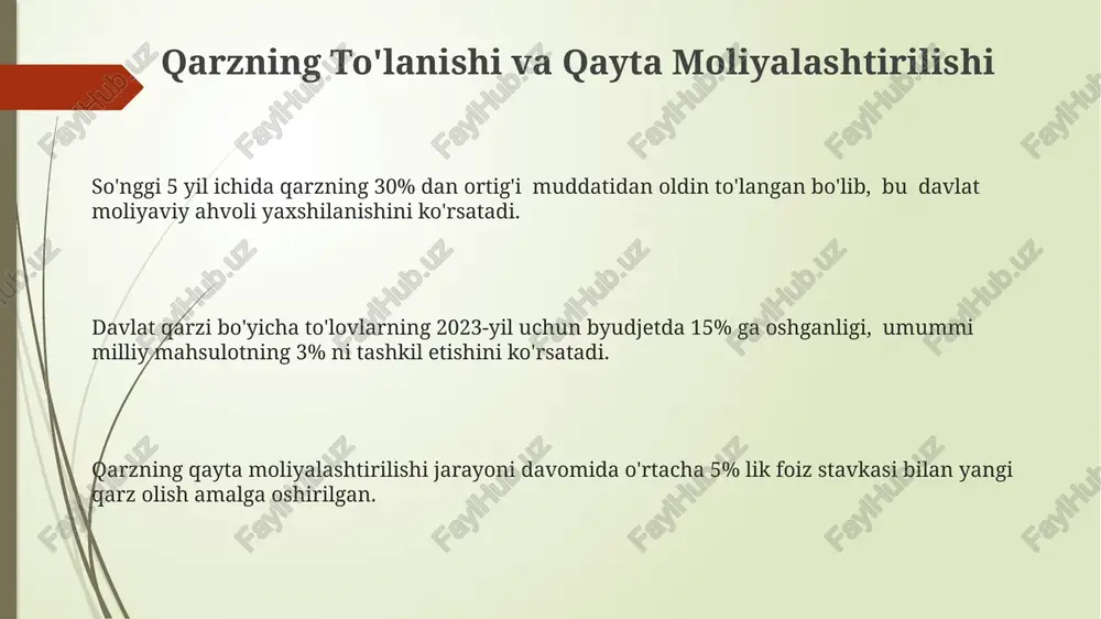 o'naltiriladi. davlat xazinasi majburiyatlari davlat xazinasining pensiya jamg'armasi va boshqa ijtimoiy sug'urta dasturlariga bo'lgan majburiyatlari, yillik to'lovlar hisobiga 2024 yilda 50 milliard so'mga yetishi taxmin qilinmoqda. qisqa muddatli davlat qarzining hajmi 2023 yilning birinchi choragida 15 trillion so'mdan oshdi, bu esa valyuta kursiga va inflyatsiyaga ta'sir qilishi mumkin. davlat xazinasining majburiyatlari umumiy ichki mahsulotning (yaim) 60% dan ortig'ini tashkil qilishi mumkin, bu esa byudjetning barqarorligini ta'minlash uchun ehtiyotkorlikni talab qiladi. e'tiboringiz uchun rahmat @taqdimot_robot