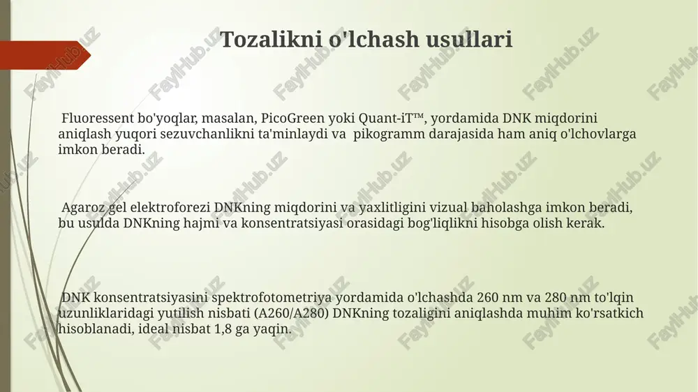 ini, agar 260/230 nisbati 2.0 dan past bo'lsa, esa fenol yoki boshqa kimyoviy birikmalar bilan ifloslanganligini bildiradi. konsentratsiya va tozalikning ahamiyati tozalik darajasi 1.8 dan past bo'lgan dnk namunalari, oqsillar yoki rnklarning ifloslanishi tufayli fermentlar faoliyatini inhibe qilishi mumkin. 260/280 nm nisbati 1.8-2.0 oralig'ida bo'lishi dnkning yuqori tozaligini ko'rsatadi va ishonchli natijalar olish imkonini beradi. dnk konsentratsiyasi 20 ng/µl dan kam bo'lsa, pcr reaksiyasi samaradorligi pasayadi va noto'g'ri natijalarga olib kelishi mumkin. e'tiboringiz uchun rahmat @taqdimot_robot