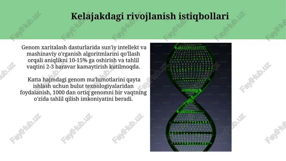 yoki tsv formatida olish mumkin, bu esa keyinchalik tahlil qilish uchun qulaydir. genom xaritalashning asosiy tushunchalari genom xaritalashda 1000 dan ortiq genlarning nisbiy joylashuvini aniqlash uchun genetik va fizik xaritalar qo'llaniladi, bu esa genomning tuzilishini tushunishga yordam beradi. genom xaritalash jarayonida olingan ma'lumotlarni tahlil qilishda bioinformatik vositalar va algoritmlar, jumladan, blast va mummer kabi dasturlar qo'llaniladi. mashhur genom xaritalash dasturlari genome analysis toolkit (gatk) kabi dasturlar snp (single nucleotide polymorphism) va indel (insertion-deletion) kabi 500,000 dan ortiq genetik variantlarni aniqlash va tahlil qilish imkoniyatini beradi. integrativ genomika tahlili uchun ishlatiladigan cytoscape dasturi, o'zaro bog'liqlikni vizualizatsiya qilish orqali 1000 ta genning funktsional aloqalarini aniqlashda 95% aniqlikka erishishga yordam beradi. e'tiboringiz uchun rahmat @taqdimot_robot image1.jpg image2.jpg image3.jpg image4.jpg image5.jpg image6.jpg image7.jpg image8.jpg image9.jpg image10.jpg image11.jpg image12.jpg
