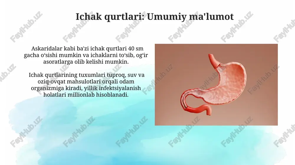 allangan bemorlarning qonida eozinofil leykotsitlar sonining ko'payishi (eozinofiliya) kuzatiladi, bu esa diagnostika jarayonida muhim ahamiyatga ega bo'ladi. askaridalar, odam organizmida 20-35 sm gacha o'sadigan yirik ichak parazitlari bo'lib, yiliga millionlab odamlarni yuqtiradi va og'ir asoratlarga olib kelishi mumkin. ichak qurtlariga qarshi dorilar mebendazol, ichak qurtlari infektsiyasini davolashda ishlatiladigan yana bir samarali dori hisoblanadi, uning dozasi va qo'llanish kursi bemorning yoshi va infektsiyaning og'irligiga bog'liq. pirantel pamoat, ayniqsa, enterobiasis (pinworm) va askariasis (roundworm) kabi turdagi ichak qurtlariga qarshi faol bo'lib, odatda 1-2 dozasi kifoya qiladi. xalq tabobati usullari ba'zi o'simliklarning, masalan, qoraqizilqoqning 10-15 gramm urug'idan tayyorlangan damlamalarning ichak parazitlariga qarshi ta'siri borligi aytiladi, ammo ilmiy dalillar yetarli emas. an'anaviy tibbiyotda 1 stakan suvga 1 choy qoshiqdan tuz qo'shib tayyorlangan tuzli eritma bilan ichakni tozalash usuli qo'llaniladi, bu usul samaradorligi shubhali va salbiy ta'sirlarga olib kelishi mumkin. homiladorlik davrida ichak qurtlari giyohvand moddalarni qo'llash homiladorlik davrida cheklangan bo'lsa, enterobius vermicularis (pinworm) kabi …