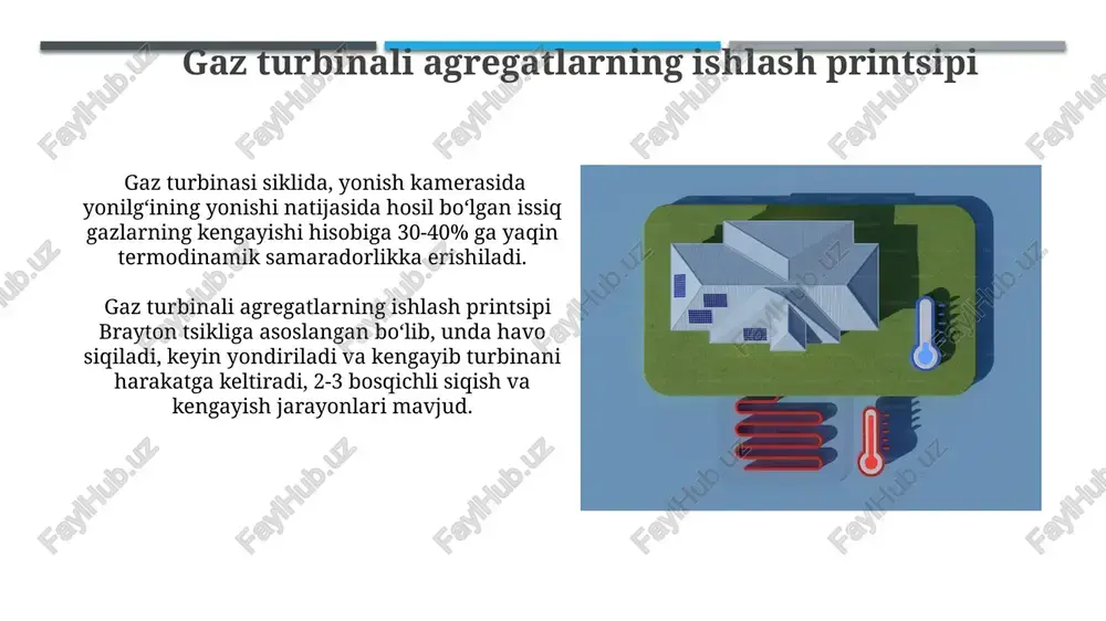 mumkin, bu esa mahalliy ekosistemalarga salbiy ta'sir ko'rsatadi. regenerativ qizdiruvchi bilan brayton tsikli regenerativ qizdiruvchi bilan brayton tsikli issiqlik samaradorligini 15-25% ga oshirishi mumkin, bu esa yoqilg'i sarfini sezilarli darajada kamaytiradi va atrof-muhitga ta'sirini minimallashtiradi. tsiklda regenerativ qizdiruvchi issiq chiqindi gazlarning issiqligini foydalanishga yaroqsiz past haroratli havo oqimiga uzatadi, bu esa turbinaga kiradigan havoning temperaturasi 300-400°c gacha ko'tarilishini ta'minlaydi. gaz turbinali agregatlarning qo'llanilishi aviatsiya sanoatida gaz turbinali dvigatellar 1000 dan ortiq soatlik uchish vaqti bilan yuqori ishonchlilikni ta'minlab, samolyotlarni, vertolyotlarni va boshqa havo transport vositalarini harakatlantiradi. neft va gaz sanoatida gaz turbinali kompressorlar neft va gazni qazib olishda, kuniga 1000 m³ dan ortiq hajmdagi gazni siqishda muhim rol o'ynaydi. gaz turbinali agregatlarning umumiy ko'rinishi gaz turbinali agregatlar, odatda, 30-100% samaradorlikka ega boʻlib, yoqilgʻining turini (tabiiy gaz, dizel yoqilgʻisi) va quvvatini hisobga olgan holda, 1000 kvt dan 100 mvt gacha quvvat ishlab chiqarishga qodir. gaz turbinali agregatlarning ishlash sikli brayton sikliga …