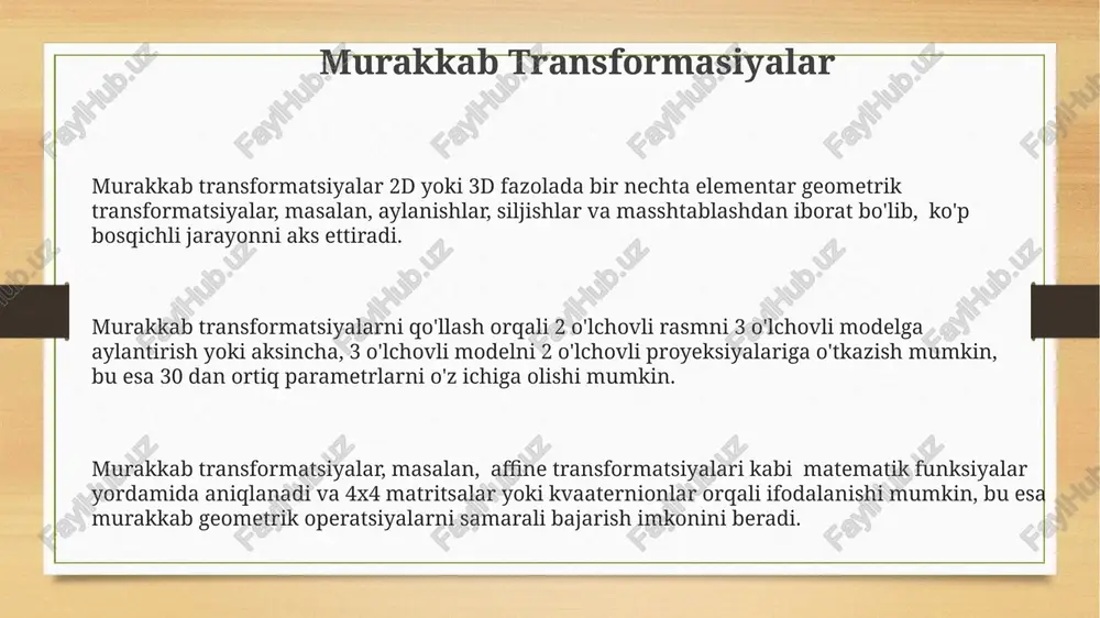 trga ega bo'lgan transformatsiyalar, tasvirlarni qayta ishlash va kompyuter grafikasi sohasida keng qo'llaniladi. ko'chirish (translatsiya) ko'chirish (translatsiya) vektor yordamida ifodalanadi, bu erda vektorning x va y komponentlari mos ravishda gorizontal va vertikal siljish miqdorlarini bildiradi; masalan, (3, 2) vektori shaklni o'ngga 3 birlik va yuqoriga 2 birlikka siljitadi. ikki o'lchovli tekislikda nuqtaning ko'chirish transformasiyasi (x, y) koordinatalarini (x + a, y + b) koordinatalariga o'zgartiradi, bu yerda (a, b) – ko'chirish vektori. bu affine transformationning maxsus holati hisoblanadi. ko'chirish transformasiyasi shaklning o'lchamini va burchagini o'zgartirmaydi, faqat uning joylashuvini o'zgartiradi; bu xususiyat uni boshqa geometrik transformatsiyalardan farq qiladi, masalan, masshtablash yoki aylanishdan. e'tiboringiz uchun rahmat @taqdimot_robot image3.png image4.png