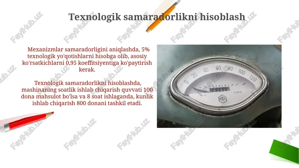 siya usulida ishlatiladigan mashina va mexanizmlar samaradorligini hisoblashda 15-20% ga oshirish uchun texnologik jarayonlarni optimallashtirish tavsiya etiladi. o'rganilgan mashinalarning ish unumdorligini 10% ga oshirish maqsadida ta'mirlash va texnik xizmat ko'rsatish intervalini qisqartirish zarur. amaldagi standartlar va me'yorlar gidromexanizatsiya uskunalarining ishonchlilik koeffitsiyenti va texnik xizmat ko'rsatish oralig'i (masalan, 8000 soat) o'zbekiston respublikasining tegishli standartlari va me'yorlarida aniq ko'rsatilgan bo'lishi kerak. amaldagi o'zbekiston respublikasi standartlari gidromexanizatsiya uskunalarining ish unumdorligini baholash uchun 10 dan ortiq ko'rsatkichlarni, jumladan, soatlik unumdorlik va energiya sarfini aniqlash usullarini belgilaydi. energetik samaradorlikni hisoblash 100 kvt quvvatli nasosning 8 soatlik ish vaqtidagi energetik samaradorligi 0,7 bo'lsa, uning foydali ishi 560 kvt soatni tashkil etadi. gidravlik tizimdagi bosim yo'qotishlarini hisobga olgan holda, 5 mpa bosimli tizim 15% ga kam samaradorlik ko'rsatkichiga ega bo'lishi mumkin. samaradorlikni hisoblashning asosiy formulalari mehnat unumdorligini hisoblashda, bir ishchi 1 soatda qancha miqdorda (masalan, 100 m³) ish bajarayotganini hisoblash orqali aniqlanadi va bu koʻrsatkich turli omillarga, …