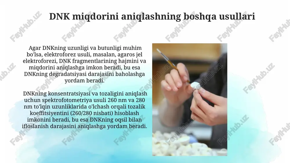 n ishlatiladi, natijalar beer-lambert qonuniga asoslanadi. spektrofotometriya usuli 260 nm va 280 nm to'lqin uzunliklarida o'lchash orqali dnkning konsentratsiyasini aniqlash imkonini beradi, bu erda 260/280 nisbati dnkning tozaligini ko'rsatadi. kapillyar elektroforezi ushbu usul yordamida dnk namunalarining tozaligi va kontsentratsiyasi to'g'risida ma'lumot olish mumkin, bu esa 1 ng/µl dan 100 ng/µl gacha bo'lgan konsentratsiyalarni aniq o'lchashga imkon beradi. kapillyar elektroforezda floresans detektorlari qo'llaniladi, bu esa dnk fragmentlarining miqdorini yuqori aniqlikda (odatda 0,1% dan kam xatolik bilan) o'lchashga imkon beradi. dnk tozaligini baholash dnk tozaligini baholashda 260 nm va 280 nm da o'lchangan absorbans nisbati (a260/a280) muhim ko'rsatkich bo'lib, toza dnk uchun 1,8-2,0 oralig'ida bo'lishi kerak. protein yoki fenollar ifloslanishi bu nisbatni pasaytiradi. agar elektroforez natijalarida dnkning aniq, yorqin va bir xil o'lchamdagi bandi kuzatilsa, bu uning yuqori tozaligidan dalolat beradi. agar parchalangan yoki boshqa molekulalar mavjud bo'lsa, ular smear shaklida ko'rinadi. natijalarni talqin qilish va xatolar dnk namunalarini saqlash va tayyorlashdagi …