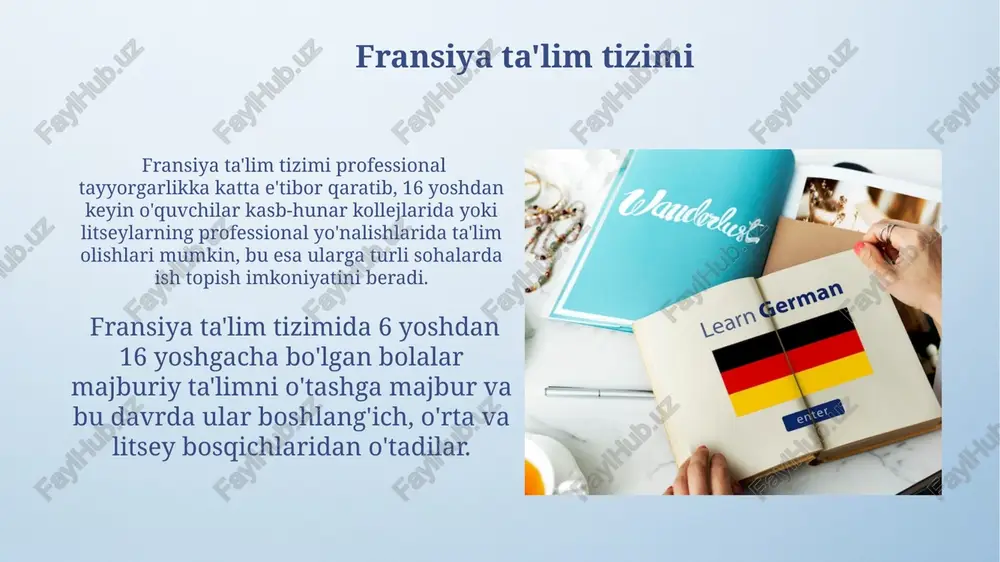 nlar rossiyada oliy ta'lim muassasalarida qabul jarayoni kirish imtihonlari (ege) natijalari va o'rta maktab diplomidagi baholarga asoslanadi, ba'zi mutaxassisliklar qo'shimcha imtihonlarni talab qiladi. frantsiyada bakalavr darajasini olish uchun talabalar 3 yil davomida o'qishlari va yillik imtihonlar (examens) topshirishlari kerak, bu imtihonlarning og'irligi kurs ishlari bilan tengdir. o'quv dasturlari va standartlar aqshda oʻquv dasturlari shtatlar darajasida belgilanadi, standartlashtirilgan testlar (masalan, sat, act) oliy oʻquv yurtlariga kirishda muhim rol oʻynaydi va 12 yillik majburiy taʼlim tizimi mavjud. germaniyada maktab oʻquv dasturlari federal davlatlar tomonidan belgilanadi, 8 yillik majburiy taʼlimni oʻz ichiga oladi va gimnaziya (abitur) bilan yakunlanadi, bu esa oliy oʻquv yurtlariga kirish uchun zarur hisoblanadi. taqqoslash: oliy ta'lim oʻzbekiston oliy ta’lim tizimida 2023-yilda 500 mingdan ortiq talaba tahsil oldi, bu umumiy aholi sonining 1,5 foizini tashkil etadi. oʻzbekiston oliy ta’lim muassasalarida 100 dan ortiq sohada bakalavr va magistr darajalarida ta’lim beriladi, shu jumladan, it, tibbiyot, muhandislik kabi dolzarb yoʻnalishlar ham mavjud. …