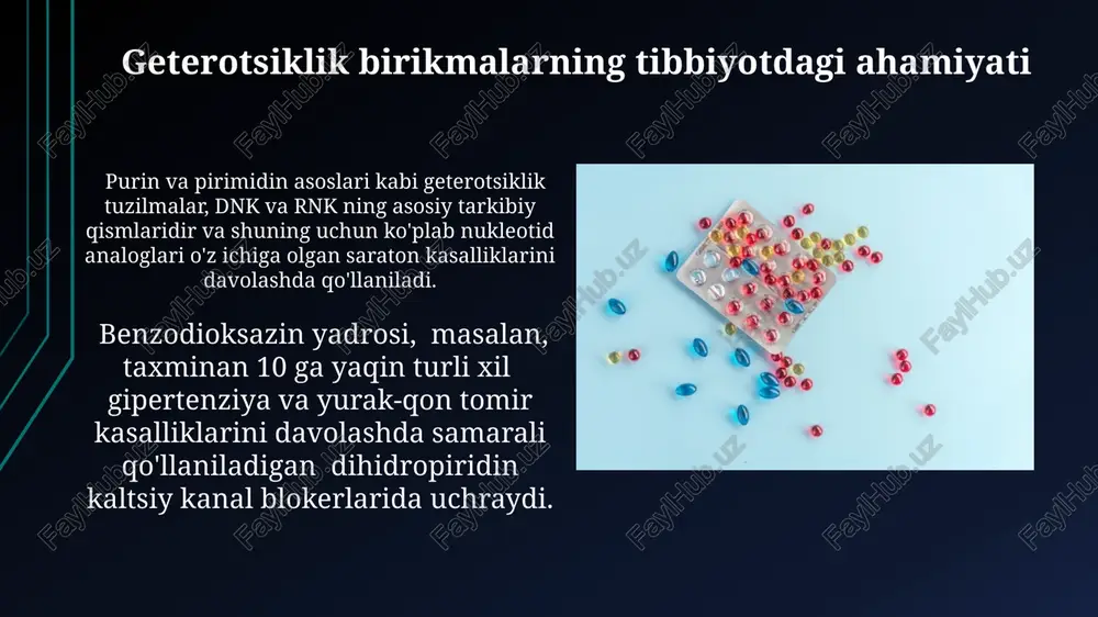 ri qon bosimini davolashda muhim rol o'ynaydi va yurak-qon tomir kasalliklari xavfini 20-30% ga kamaytirishi mumkin. geterotsiklik birikmalarga asoslangan yangi avlod dorilar geterotsiklik birikmalarga asoslangan yangi avlod saratonga qarshi dorilarning 30% dan ortig'i, ma'lum fermentlarni faol blokirovka qilish orqali, o'smaning o'sishini to'xtatish mexanizmlariga ega. gepatit c virusiga qarshi samarali kurashuvchi sofosbuvir va daklatasvir kabi dorilarning 90% dan ortig'i getetsiklik tuzilmalarga asoslangan bo'lib, virus replikatsiyasi jarayonini to'xtatadi. piridin va uning hosilalariga asoslangan dorilar piridin yadrosiga ega bo'lgan 100 dan ortiq dorilar, jumladan, antibakterial, gipertenziyaga qarshi va xolesterin darajasini pasaytiruvchi vositalar klinik amaliyotda qo'llaniladi. piridoksin (b6 vitamini), piridin hosilasi bo'lib, aminokislotalar almashinuvi va neyrotransmitterlar sintezida muhim rol o'ynaydi, uning yetishmasligi turli nevropatik kasalliklarga olib kelishi mumkin. kinolin va izokinolinlarning tibbiyotdagi qo'llanilishi ba'zi kinolin va izokinolin hosilalari, masalan, antibiotiklar, antifungal va antitumor preparatlar sifatida 10-100 µm konsentratsiyada samarali bo'lishi aniqlangan. izokinolin alkaloidlari, masalan, papaverin va noskapin, spazmolitik va og'riq qoldiruvchi xususiyatlarga ega bo'lib, …