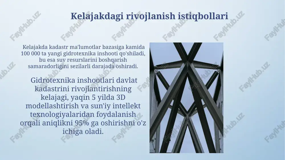 a ma'lumotlarning butunligini saqlaydi. geodezik koordinatalarni aniqlashda gps/glonass texnologiyalaridan foydalanish aniqlikni 10 sm gacha oshiradi va cadastre ma'lumotlarining ishonchliligini yaxshilaydi. kadastr ob'ektlarini tasniflash kadastr ob’ektlarining tasnifi ularning maqsadi (suv ta’minoti, sug’orish, gidroenergetika), qurilish materiali (beton, metall, yog’och), va qurilgan yili kabi parametrlarga asoslanadi. 1990 yildan keyin qurilgan inshootlar alohida ro’yxatga olinadi. ob’ektlarning geografik joylashuvi va hajmiy ko’rsatkichlar (balandligi, uzunligi, sig’imi) kabi 3 ta asosiy geometrik xususiyatlari ob’ektlarni tasniflash uchun ishlatiladi, bu esa 1000 m³ dan ortiq hajmdagi ob’ektlarni ajratib ko’rsatish imkonini beradi. davlat nazorati va audit audit jarayonida aniqlangan kamchiliklarni bartaraf etish bo'yicha tavsiyalar va muddatlar belgilangan xat bilan rasmiylashtiriladi, bu esa 15 kun ichida bajarilishi shart. davlat nazorati, gidrotexnika inshootlarining 30% dan ortig'i texnik holatini baholashni o'z ichiga oladi va kamida 5 yilda bir marta o'tkazilishi kerak. ma'lumotlar bazasini yaratish va boshqarish ma'lumotlar bazasini yaratishda 1000 dan ortiq gidrotexnika inshootlari to'g'risidagi ma'lumotlarni geografik koordinatalar, xususiyatlari va texnik holati bo'yicha …
