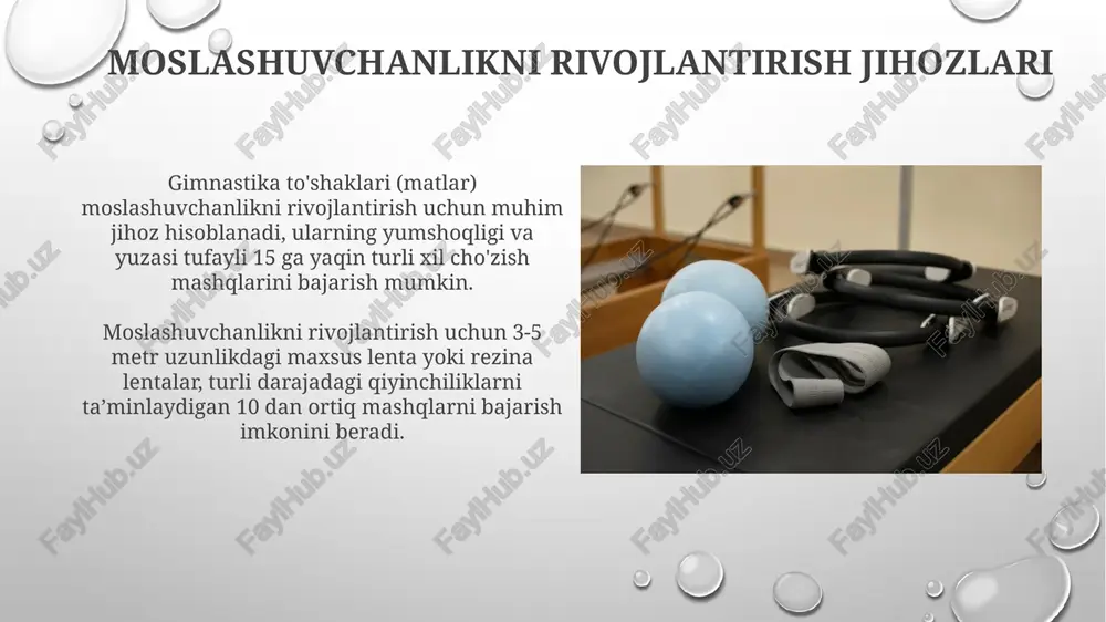ofessional gimnastika zallarida turli yoshdagi sportchilar uchun moʻljallangan 6 dan ortiq turdagi maxsus gimnastika jihozlari, jumladan, parallel brusyalar, asimetrik brusyalar va sakrash stollari mavjud. kuch mashqlari uchun jihozlar sakrash uchun uzunligi 12-14 m, kengligi 1-1,2 m bo'lgan prujinali tramplinlar, 2-3 m balandlikdagi turli xil asala (podium)lar va xonaning o'ziga mos tepalikchalar zarur. 1-2 m diametrga ega bo'lgan butun va bo'lak-bo'lak gimnastika to'plari, lentalarning uzalishi 4-6 m, skiplarning o'lchami 100-120 sm bo'lishi kerak. balans jihozlari professional gimnastika zalida har xil o'lchamdagi, kam deganda 5-7 turdagi balans jihozlari mavjud bo'lishi kerak. ba'zi balans jihozlari, masalan, loyiqli balans taxtachalari, muvozanatni rivojlantirish uchun 2-10 darajagacha qiyinchiliklarni o'z ichiga oladi. e'tiboringiz uchun rahmat @taqdimot_robot image3.png image4.jpg image5.jpg image6.jpg image7.jpg image8.jpg image9.jpg image10.jpg image11.jpg image12.jpg image13.jpg image14.jpg image15.jpg image1.png