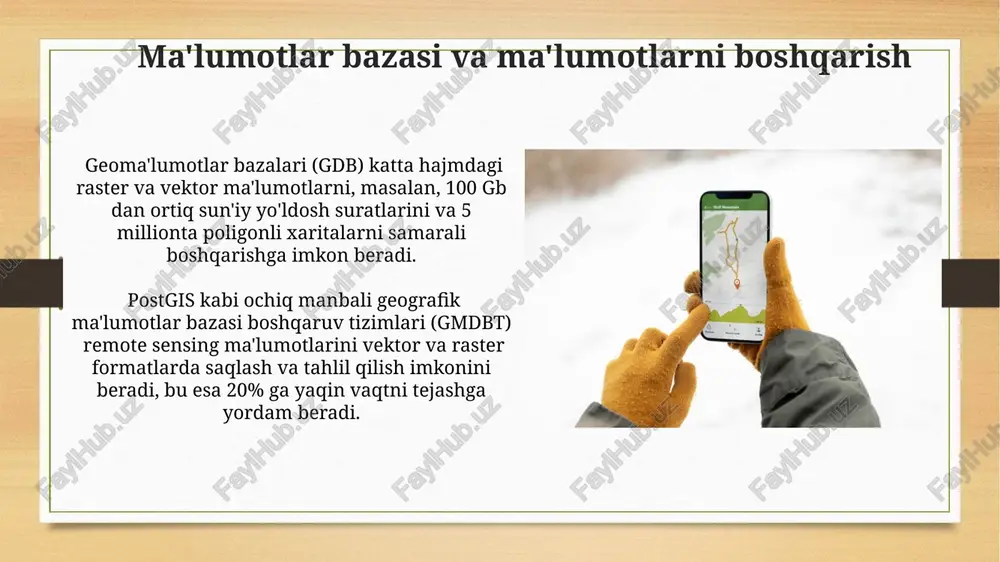 onlashtiradi. har xil spektral diapazonlarda olingan 5 ta sun'iy yo'ldosh rasmlarini gis tizimiga integratsiya qilish orqali, vegetatsiya holatini, tuproq tuzilishini va suv resurslarini aniqlash mumkin. e'tiboringiz uchun rahmat @taqdimot_robot image7.jpg image8.jpg image9.jpg image10.jpg image11.jpg image12.jpg image13.jpg image14.jpg image3.png image4.png