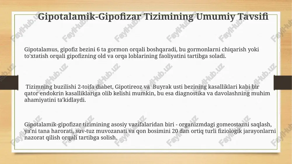 tini tartibga soladi, bu esa metabolizm, o'sish va jinsiy yetilish kabi jarayonlarni nazorat qilishda muhim rol o'ynaydi. gipotalamus tananing ichki muhitining gomostazisini saqlashda, ya'ni tana harorati, ochlik va to'qlik hissi, suv-tuz muvozanati va qon bosimi kabi 4 ta asosiy parametrlarni nazorat qilishda hal qiluvchi rol o'ynaydi. gipotalamusning neyroendokrin funksiyasi orqali 20 dan ortiq neyropeptidlar ajratiladi, bu peptidlar gipofiz bezining old va orqa bo'limlarini faollashtirib, turli fiziologik funksiyalarni tartibga soladi. e'tiboringiz uchun rahmat @taqdimot_robot image3.png image4.png