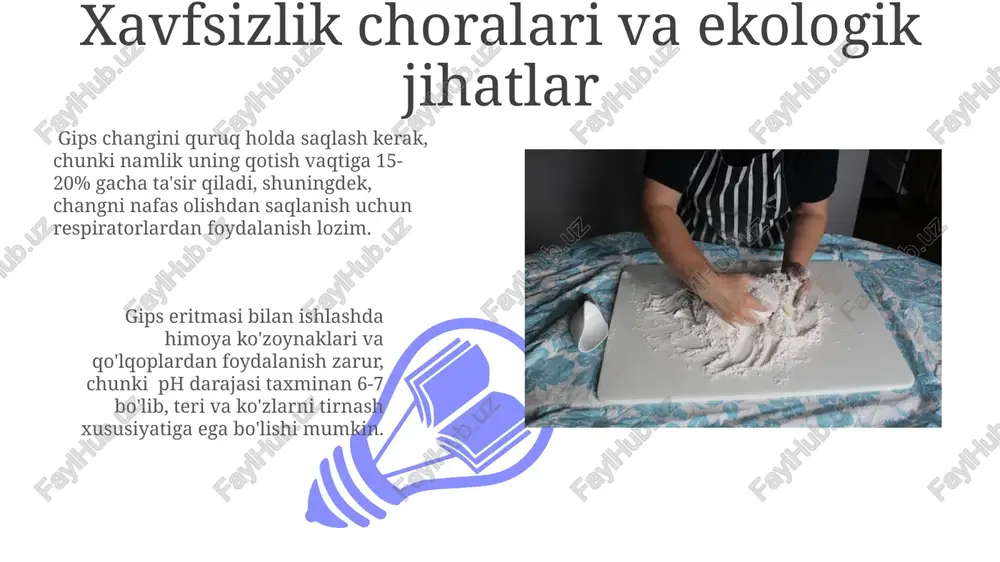 el yoki aralashtiruvchi va suvning haroratini 20 ± 2 °c da saqlash uchun suv hammomi zarur. gips pastasi tayyorlash texnologiyasi gips pastasi tayyorlashda suv-gips nisbati 0,7 dan 0,8 gacha bo'lishi kerak, bu esa optimal mustahkamlik va tezkor qotishni ta'minlaydi. gips pastasi tayyorlash jarayonida aralashtirish tezligi va vaqti muhim ahamiyatga ega, 3-5 daqiqa davomida yuqori tezlikda aralashtirish bir xil konsentratsiyali pastani hosil qiladi. gipsning mustahkamligini aniqlash usullari gipsning mustahkamligini aniqlashda standart usullar 28 kunlik davr ichida namlik sharoitida saqlash va keyin siqish kuchi sinovini o‘tkazishni o‘z ichiga oladi, natijalar mpa da ifodalanadi. gipsning mustahkamligini aniqlashda kompressiya sinovi standart usul hisoblanadi va 50x50x50 mm o‘lchamli kubsimon namunalarga 150 kn gacha bo‘lgan kuch ta'sir ettiriladi, natijalar mpa da ifodalanadi. gipsning qotish vaqtini va mustahkamligini ta'sir qiluvchi omillar 01 02 maydalangan gips kukunining donachalik kattaligi ham muhim; 50-100 mikrometr donalar tezroq qotish va yuqori mustahkamlikni beradi, kattaroq donalar esa aksincha. sales 1st qtr 2nd …