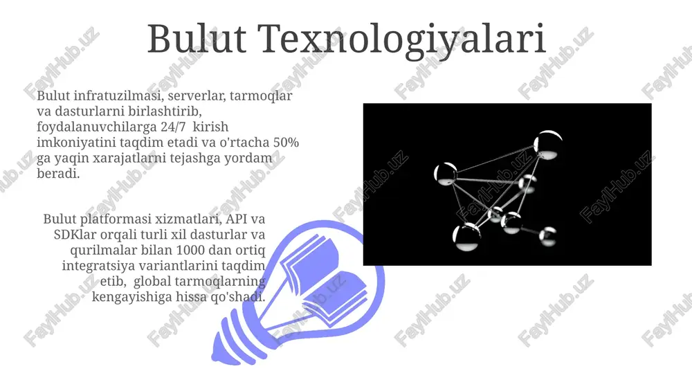 hozirgi kunda global tarmoqlarning infrastrukturasi, 5g texnologiyalari, bulutli hisoblash va katta ma'lumotlar (big data) kabi yangi texnologiyalar bilan tez sur'atlar bilan rivojlanmoqda va kengaymoqda. 1990-yillarning o'rtalaridan boshlab, www (world wide web) texnologiyalarining jadal rivojlanishi global tarmoqlarning foydalanuvchi bazasini eksponensial ravishda, milliardlab odamlarga yetkazdi. kelajakdagi tarmoq texnologiyalari kelajakdagi tarmoq texnologiyalari 6g simsiz aloqani, 100 gbps dan yuqori tezlikda ma'lumot uzatishni va ulkan hajmdagi ma'lumotlarni qayta ishlashni o'z ichiga oladi. tarmoqlarning xavfsizligini ta'minlash uchun blokcheyn texnologiyasi va kriptografiyaning murakkab algoritmlari qo'llanilib, kiberhujumlar sonini 50% ga kamaytirishga yordam beradi. mobil tarmoqlar 01 02 mobil tarmoqlarda 5g texnologiyasi o'rtacha 1 gbps tezlikni ta'minlashga qodir bo'lib, bu esa 4g ga nisbatan 10 baravar tezroq ma'lumot uzatish imkonini beradi. sales 1st qtr 2nd qtr 100 0 sales 1st qtr 2nd qtr 100 0 global tarmoqlarning umumiy tuzuilishi jahon tarmoqlari odatda 3 ta asosiy qatlamdan: yadro, oraliq va chekka qatlamlardan iborat boʻlib, har biri ma'lumot uzatish tezligi …